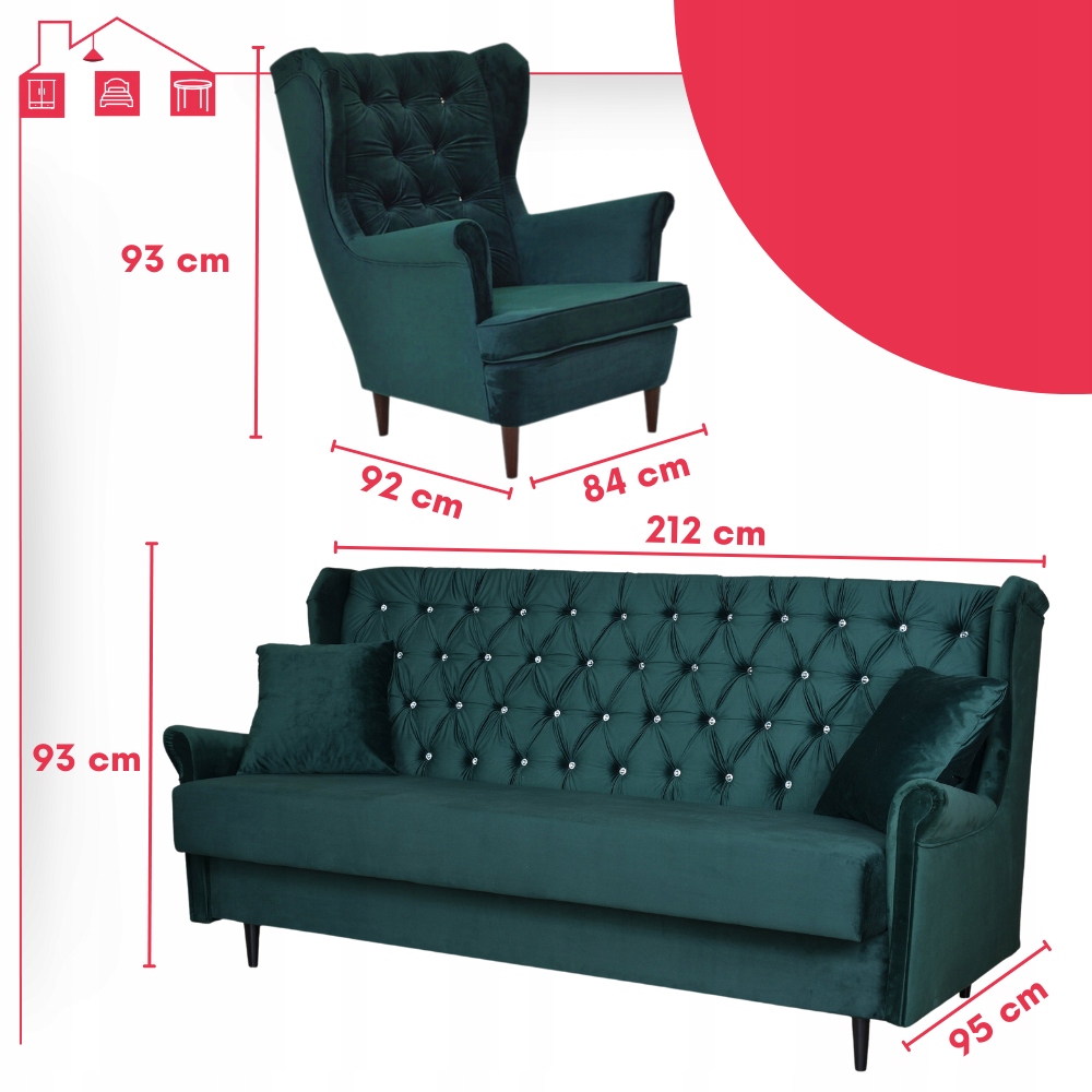 Zestaw wypoczynkowy uszak wersalka z fotelami Gaja ZIELONY