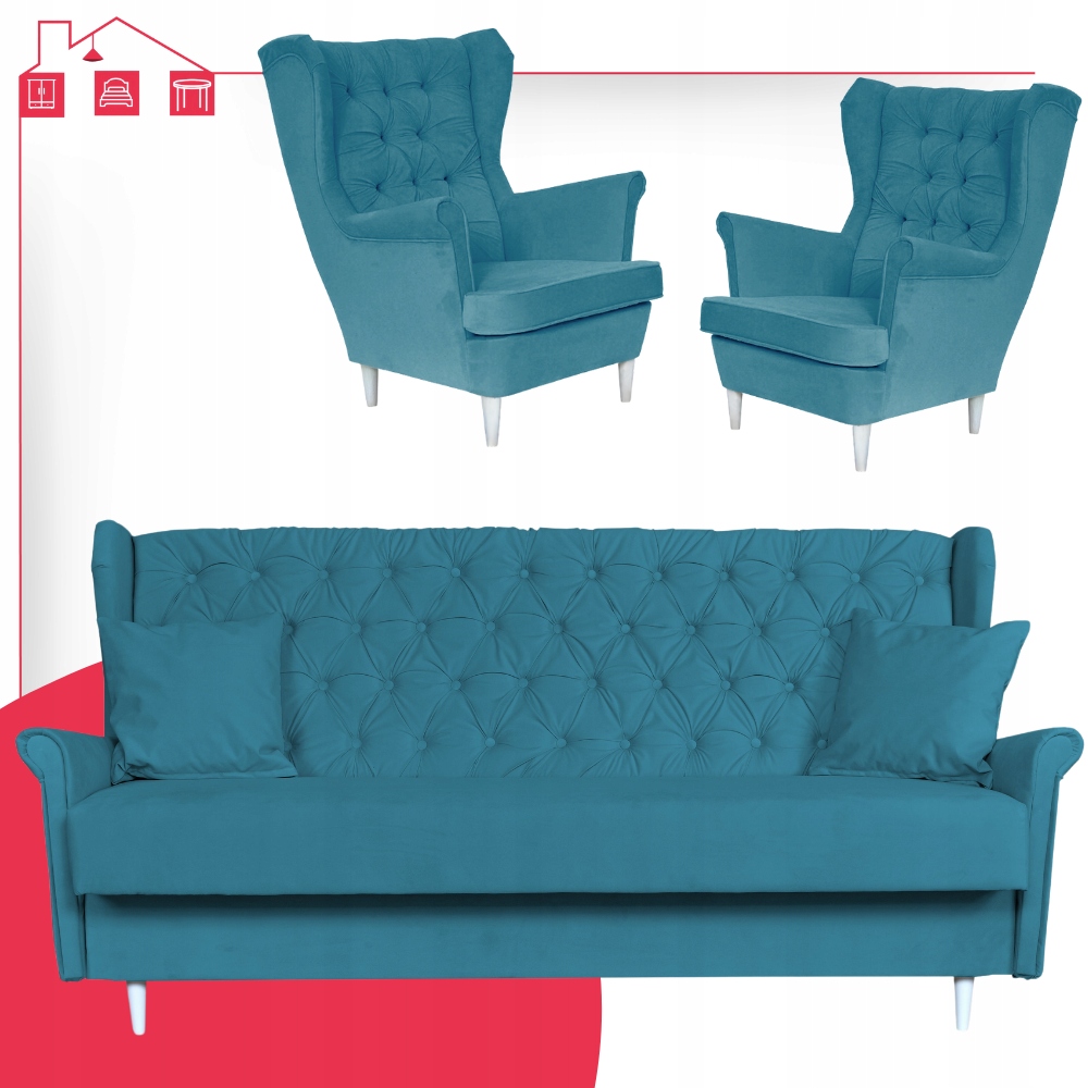 Zestaw mebli wypoczynkowych do salonu sofa 2 fotele NIEBIESKI