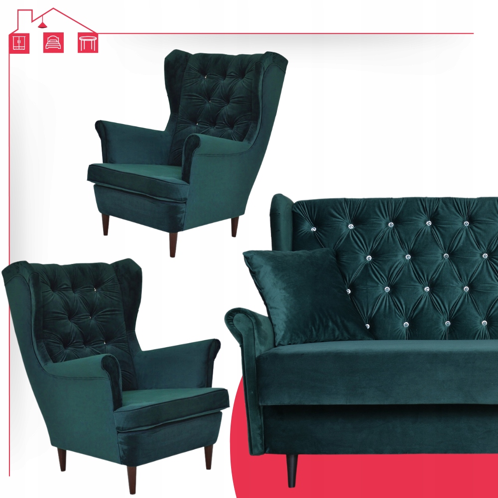 Zestaw wypoczynkowy uszak wersalka z fotelami Gaja ZIELONY