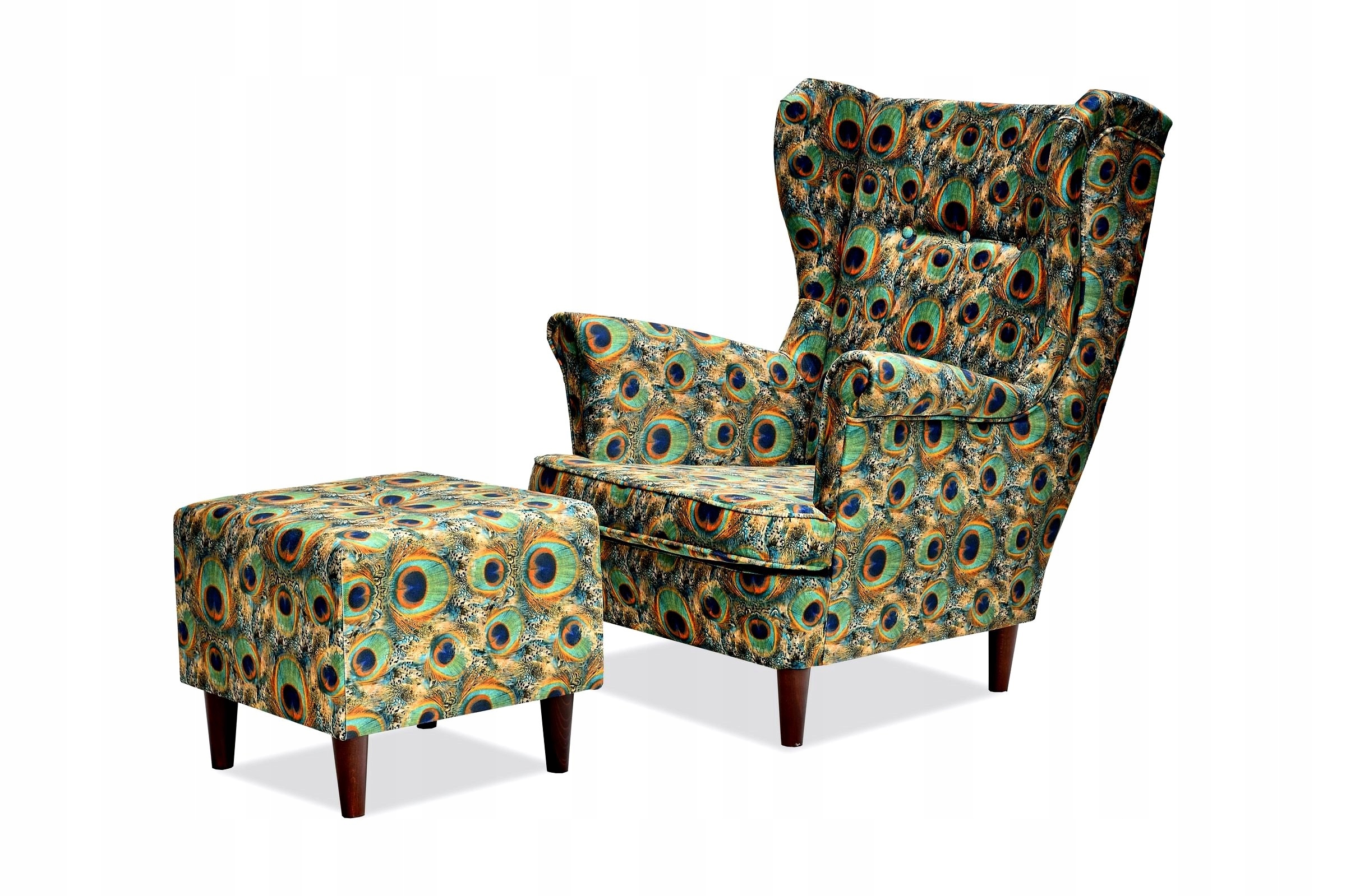 Fotel uszak ARI PRINT z podnóżkiem skandynawski pawie oko