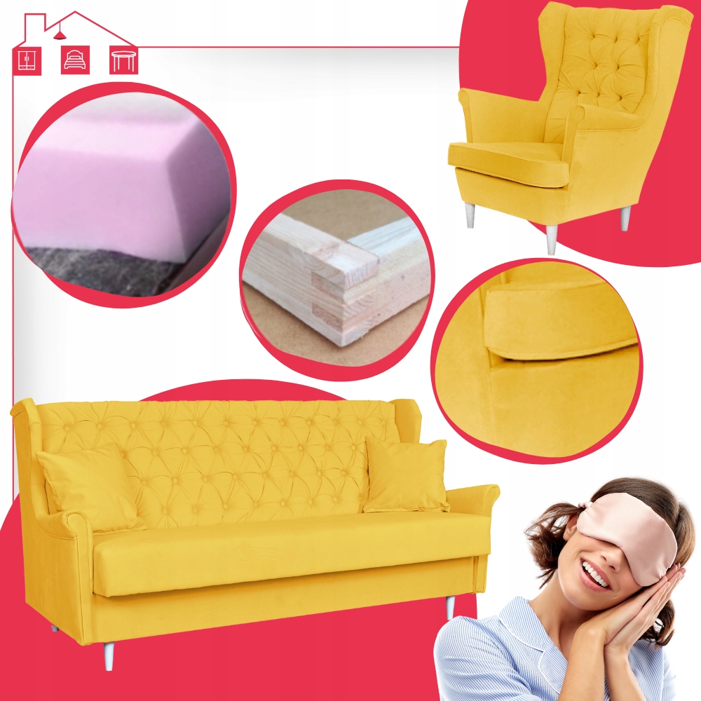 Rozkładany zestaw wypoczynkowy z wersalką fotele uszaki ŻÓŁTY