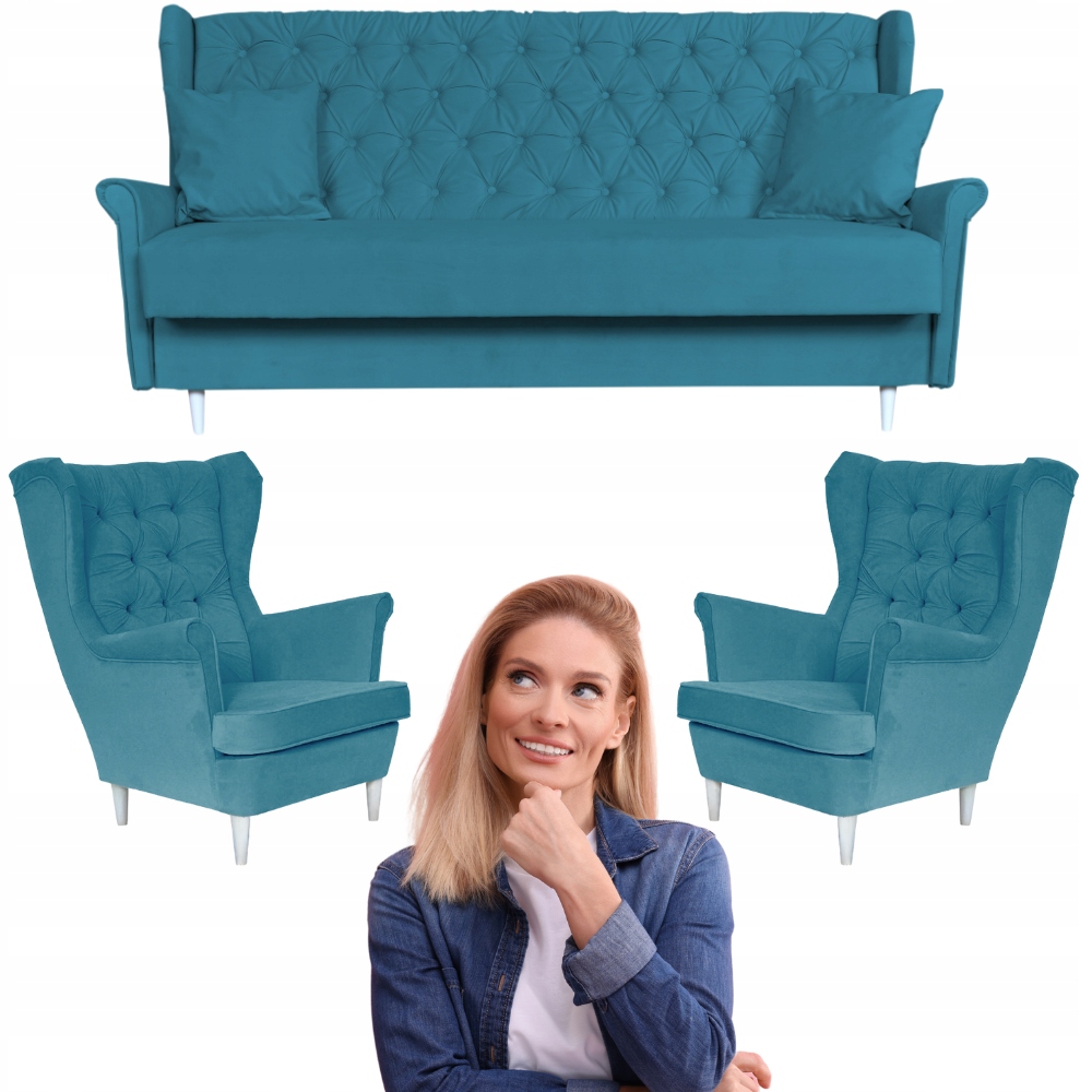 Zestaw mebli wypoczynkowych do salonu sofa 2 fotele NIEBIESKI