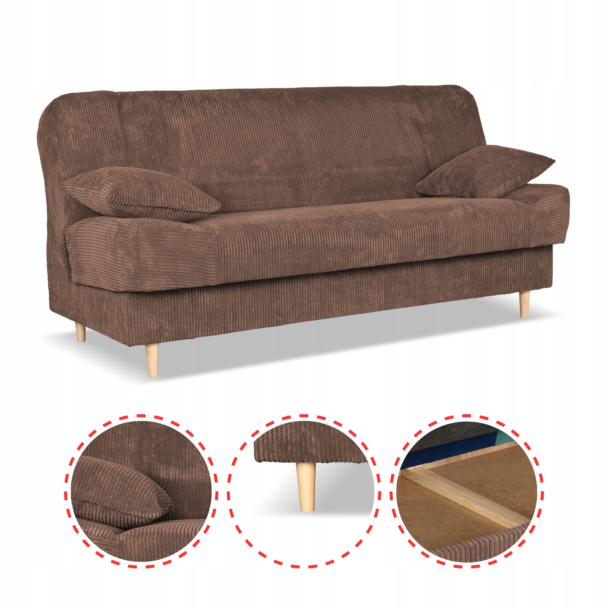 Kanapa sofa Belito rozkładana pojemnik f spania BONELL brązowa sztruks