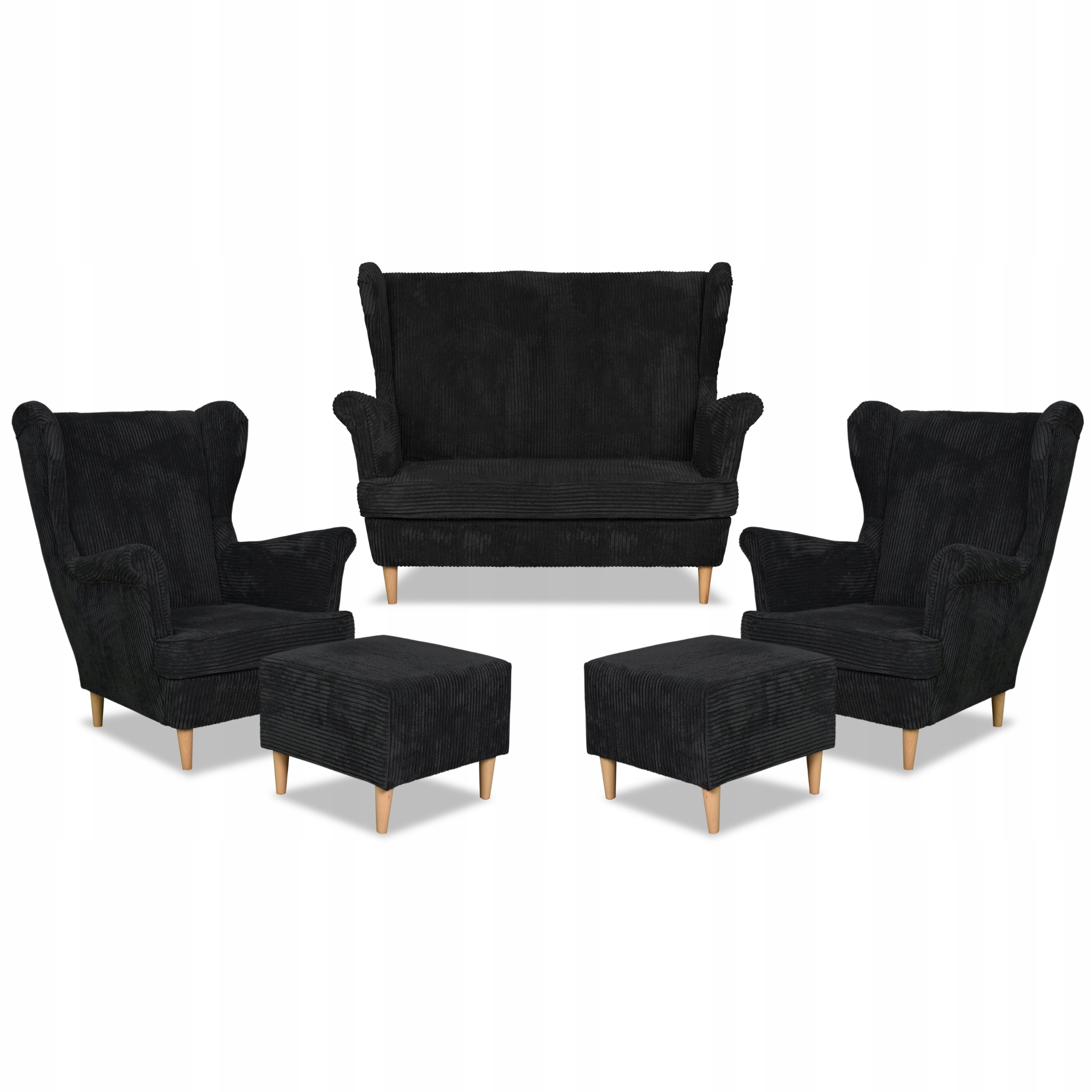 Zestaw wypoczynkowy uszak Bonito sofa fotele pufy  czarny