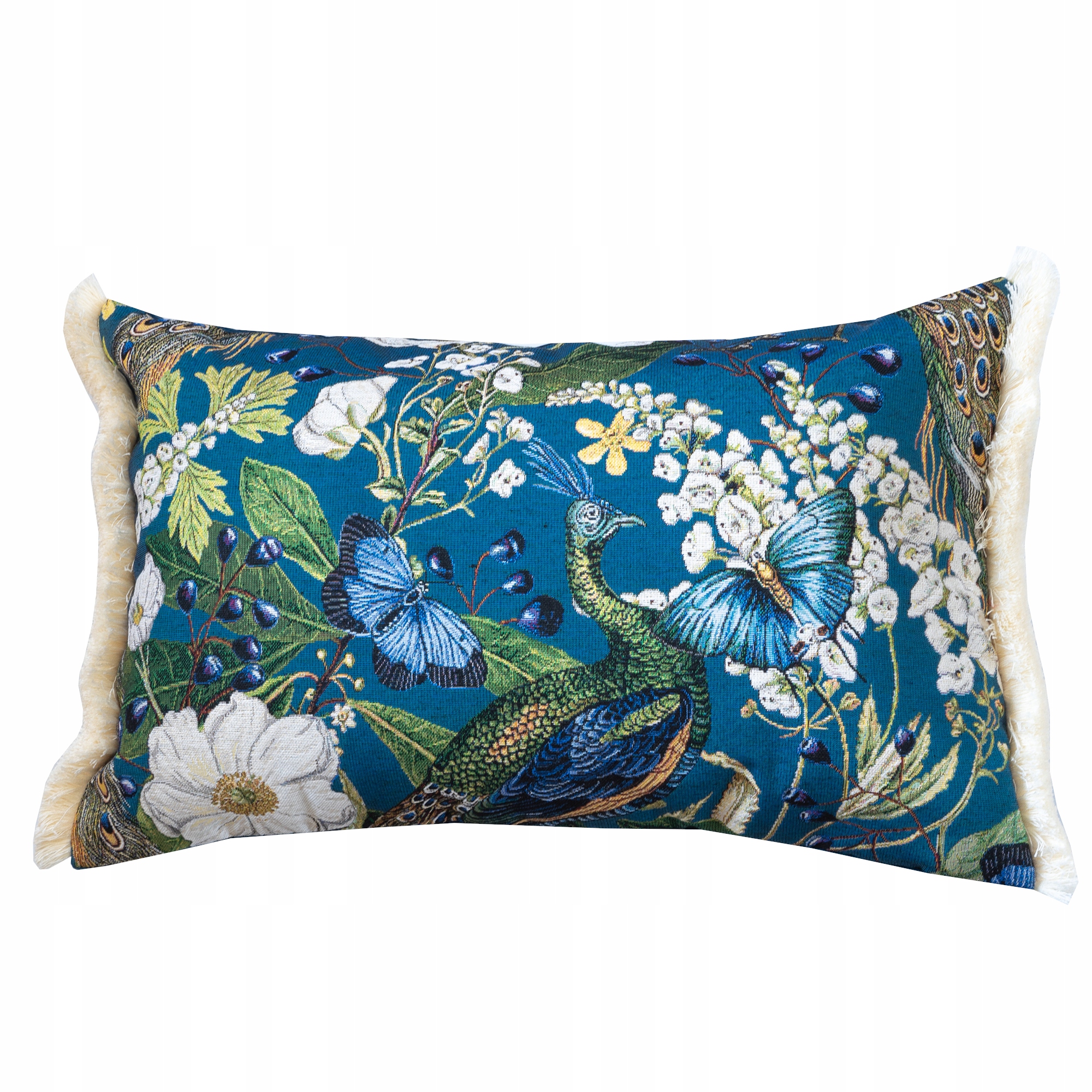 Poszewka Boho Dekoracyjna NIebieska z Pawiem i Kwiatami 50x50 z Frędzlami