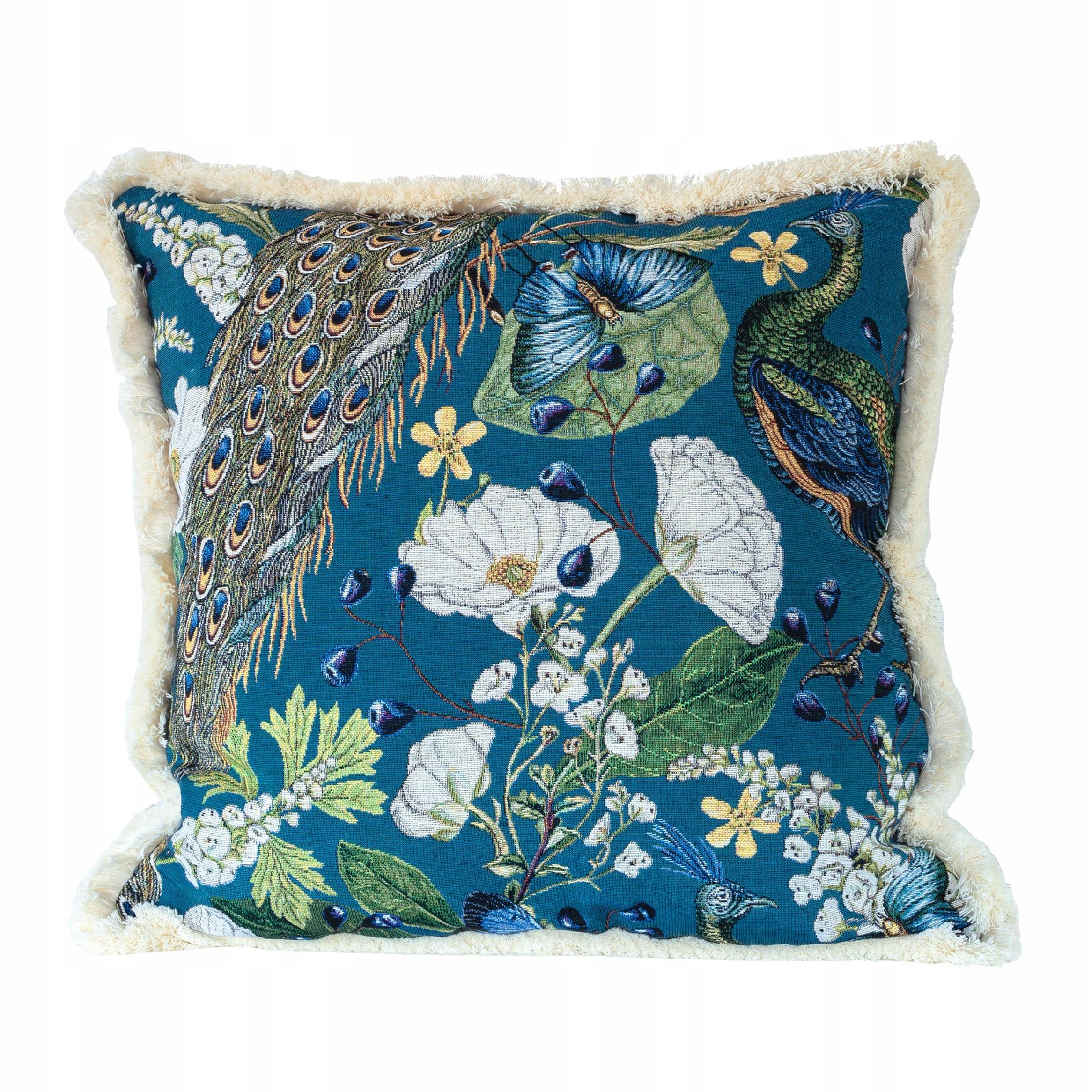 Poszewka z frędzlami 50x50 Boho Dekoracyjna NIebieska z Pawiem i Kwiatami