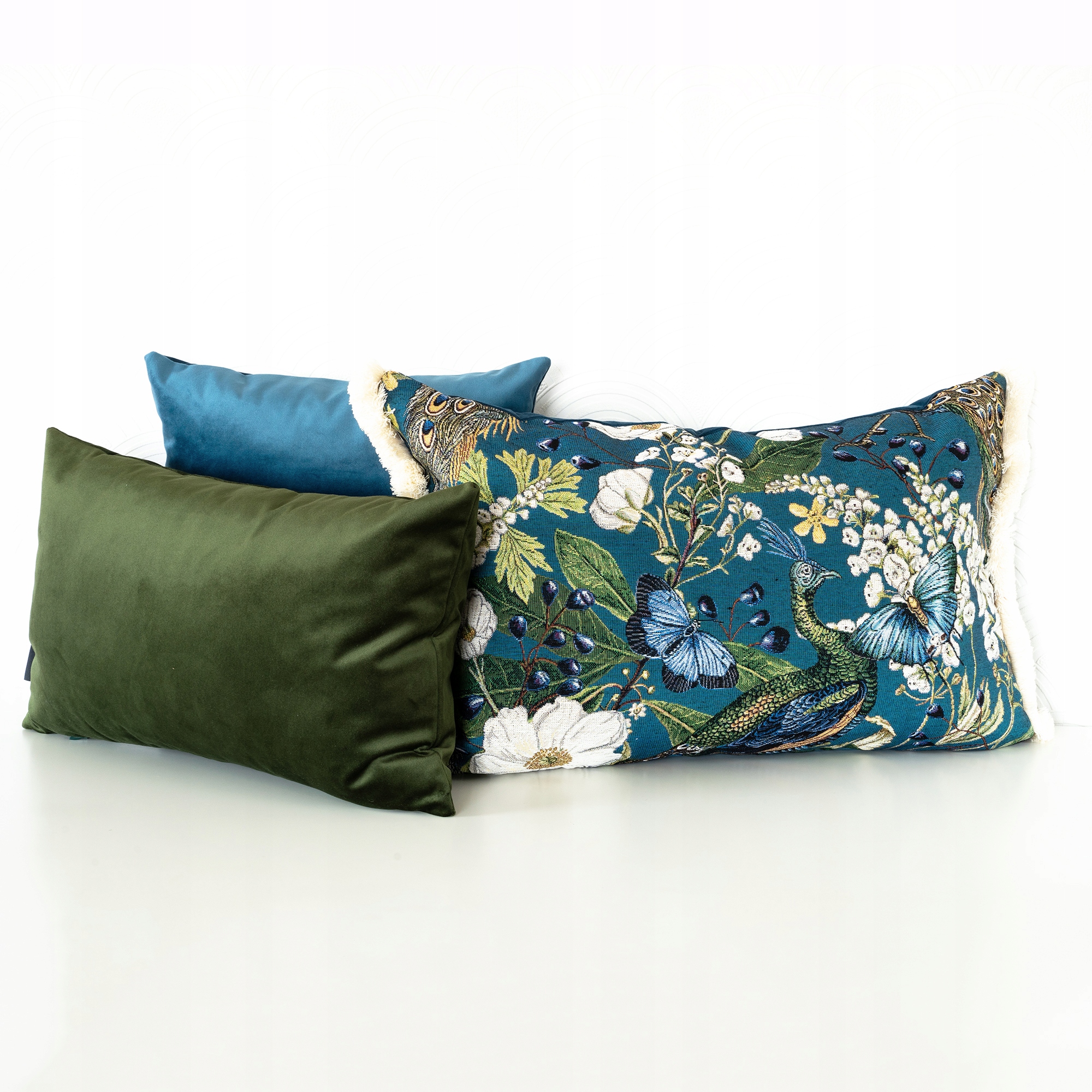 Poszewka Boho Dekoracyjna NIebieska z Pawiem i Kwiatami 50x50 z Frędzlami