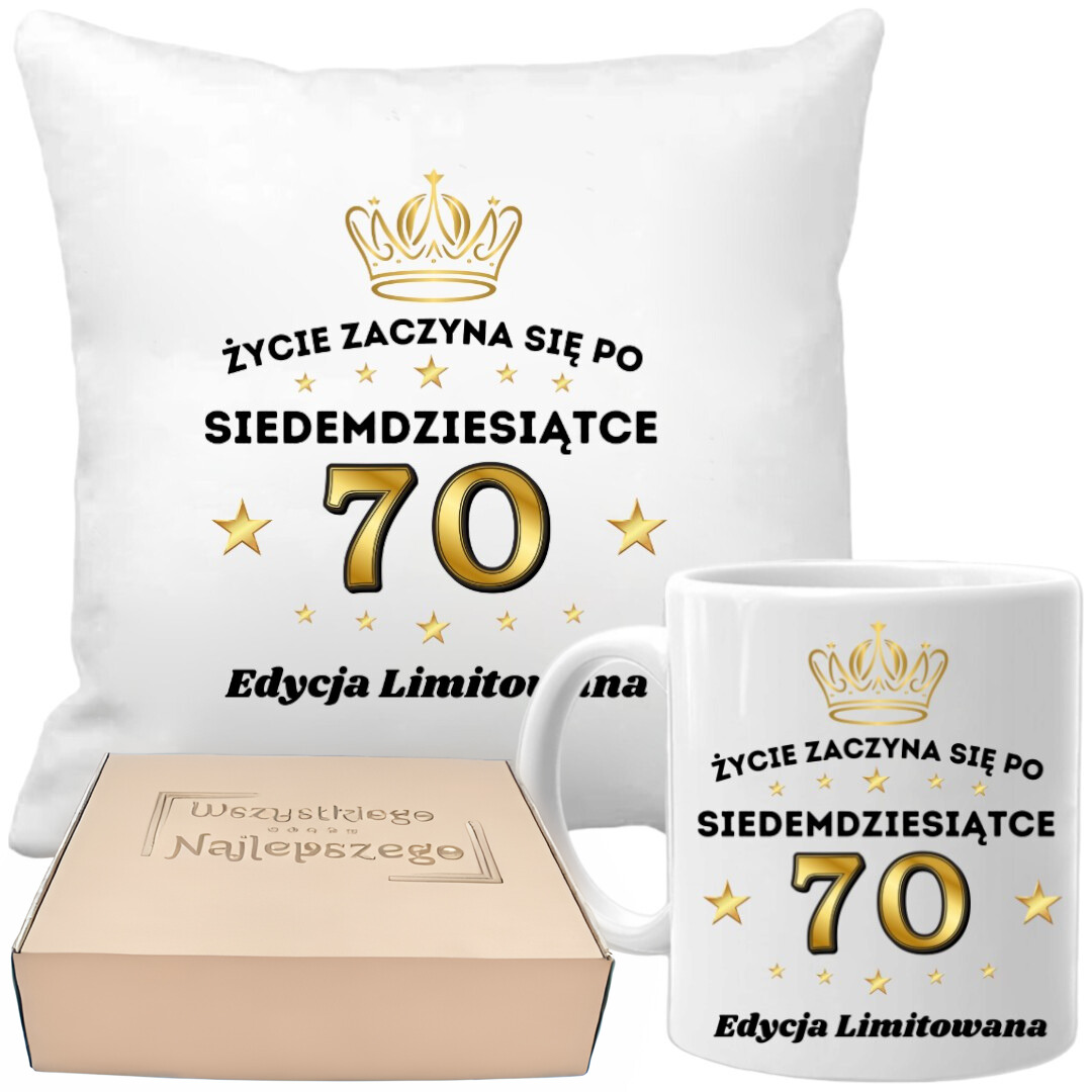 Poduszka i kubek prezent na 70 URODZINY zestaw prezentowy w pudełku