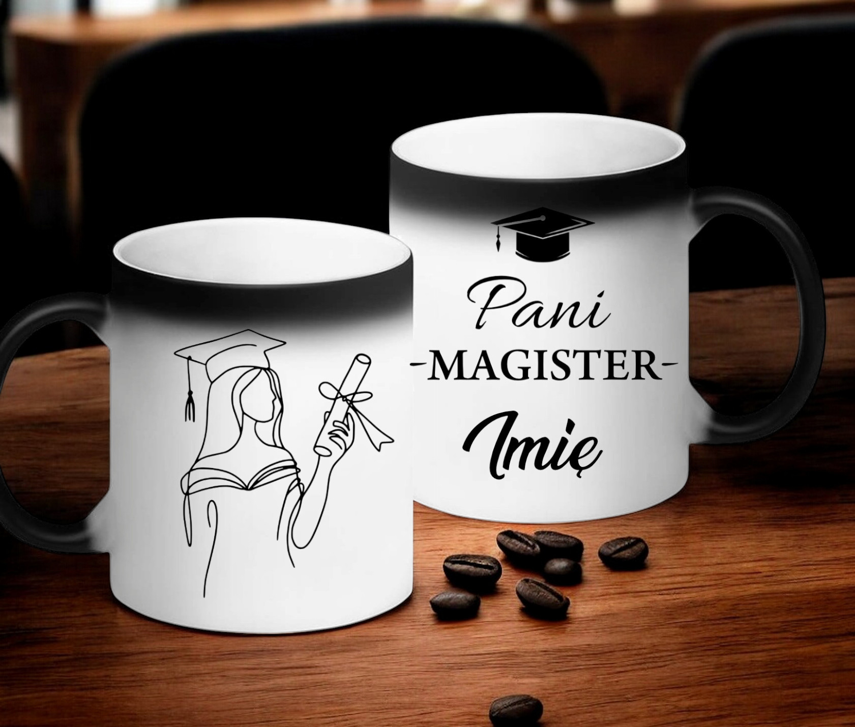 KUBEK MAGICZNY Z NADRUKIEM PREZENT PANI MAGISTER IMIĘ ORYGINALNY UPOMINEK