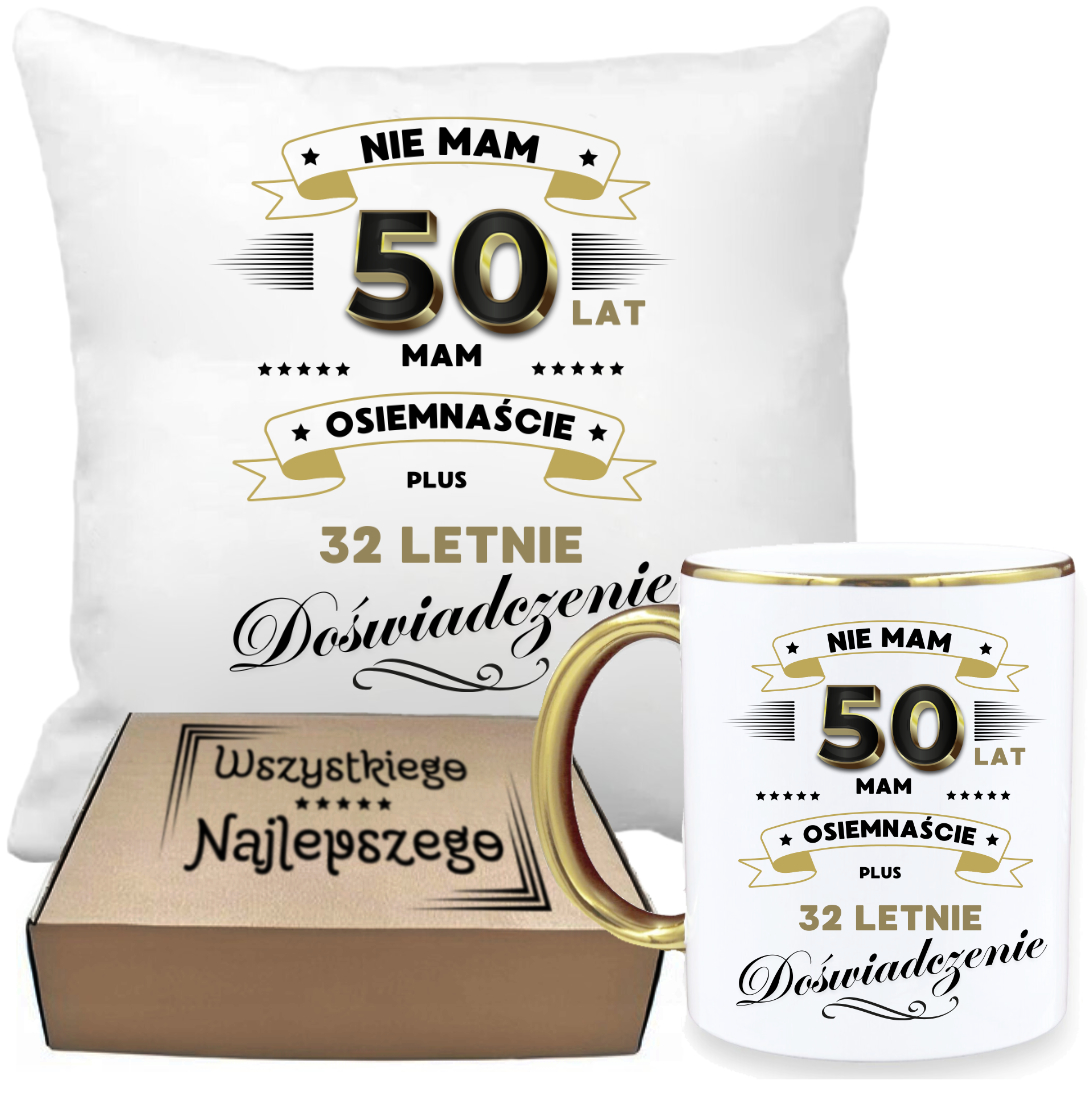 ZESTAW PODUSZKA I PIĘKNY KUBEK ORYGINALNY PREZENT 50 LAT NA URODZINY