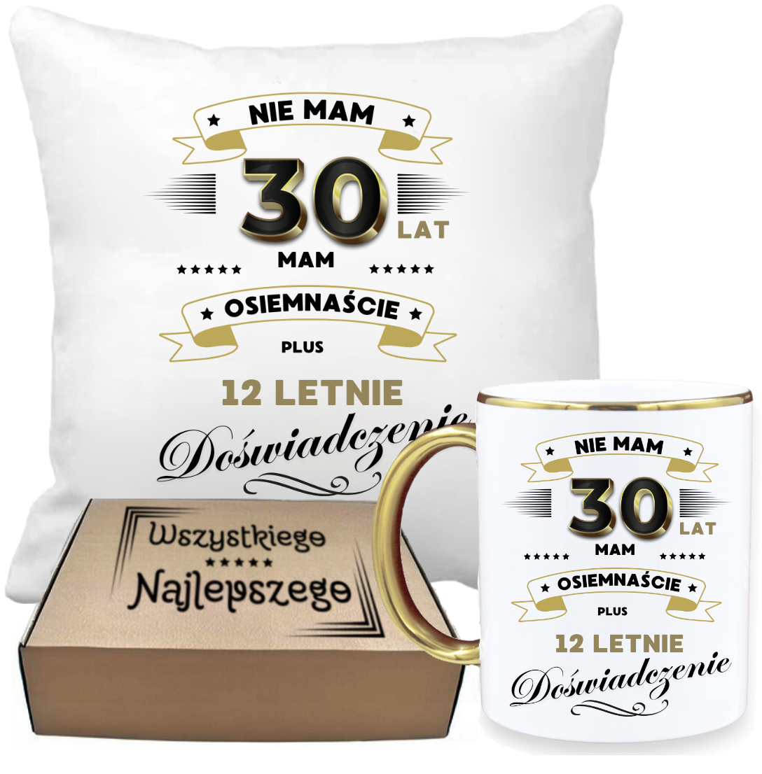 ZESTAW PODUSZKA I PIĘKNY KUBEK ORYGINALNY PREZENT 30 LAT NA URODZINY