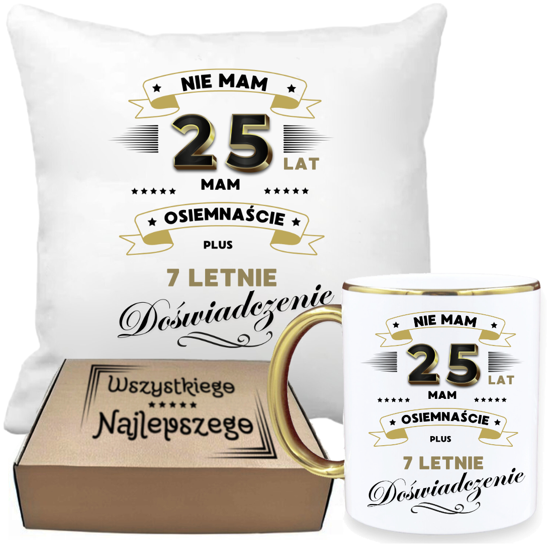 ZESTAW PODUSZKA I PIĘKNY KUBEK ORYGINALNY PREZENT 25 LAT NA URODZINY