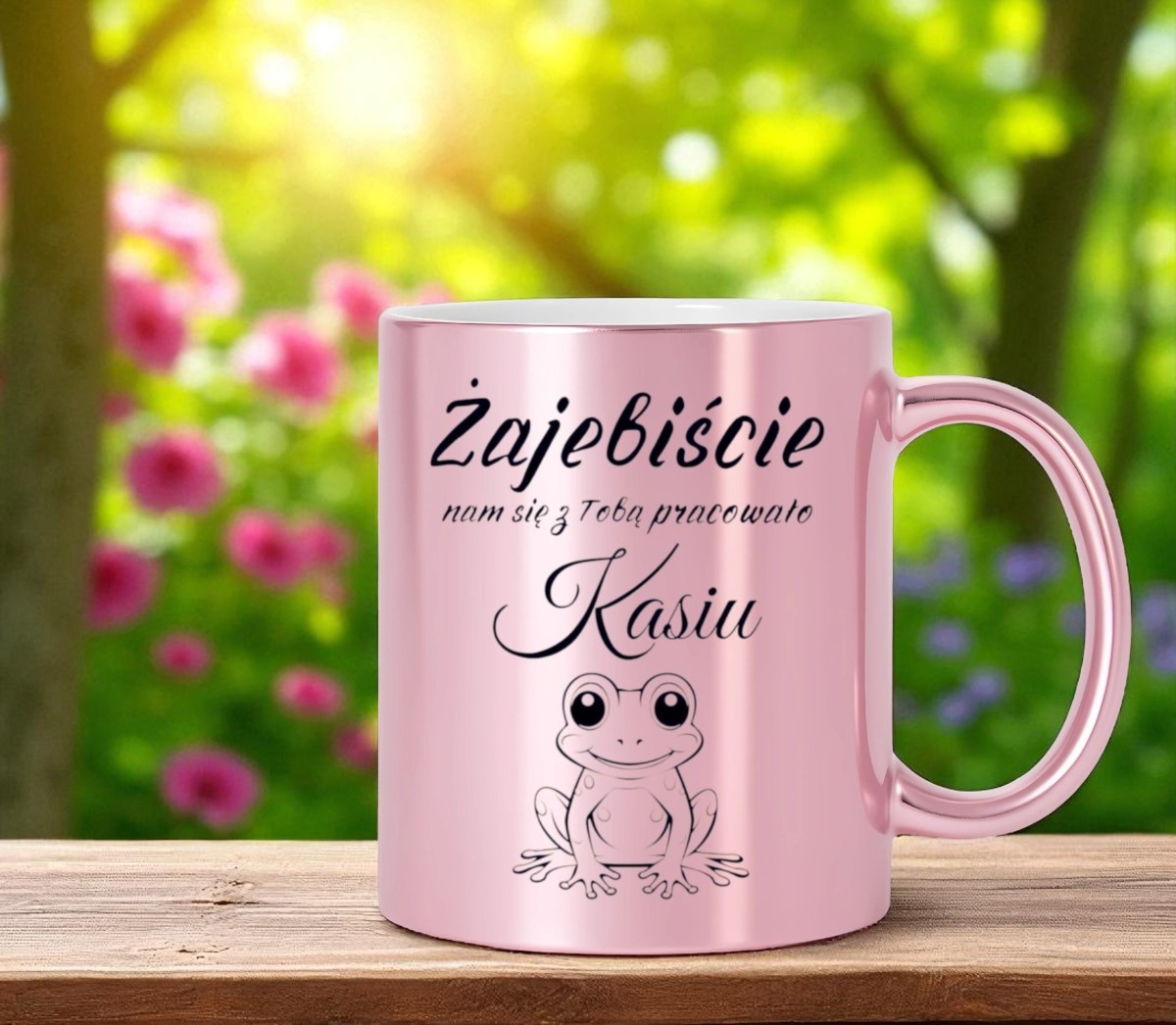 KUBEK RÓŻOWY Z TWOIM NADRUKIEM TEKSTEM GRAFIKĄ LOGO PREZENT REKLAMA