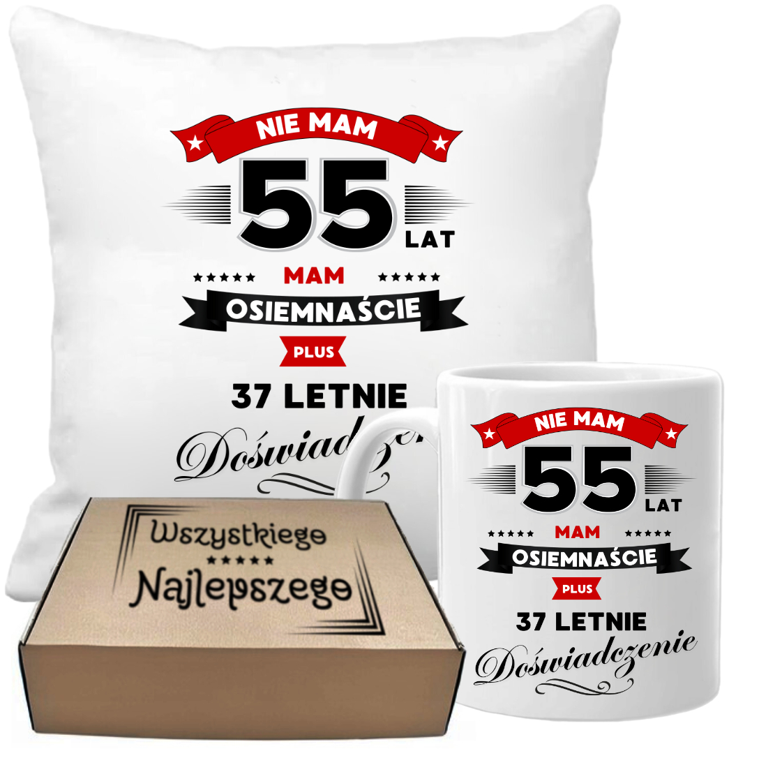 ZESTAW PODUSZKA I KUBEK ORYGINALNY PREZENT 55 LAT NA URODZINY
