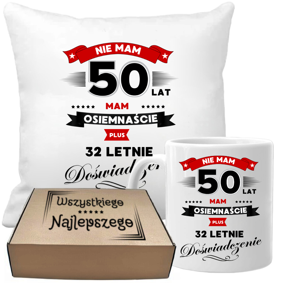 ZESTAW PODUSZKA I KUBEK ORYGINALNY PREZENT 50 LAT NA URODZINY