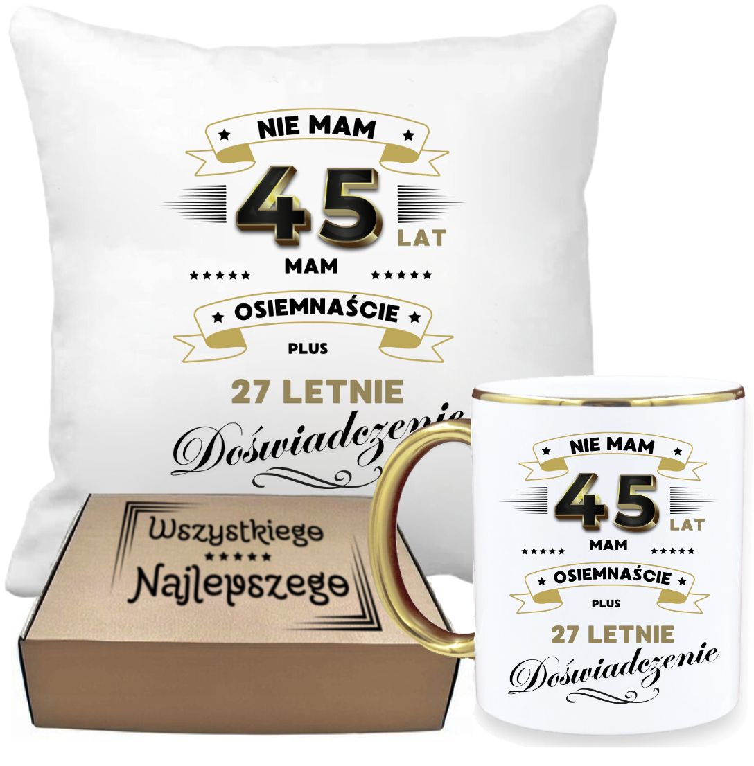 ZESTAW PODUSZKA I PIĘKNY KUBEK ORYGINALNY PREZENT 45 LAT NA URODZINY