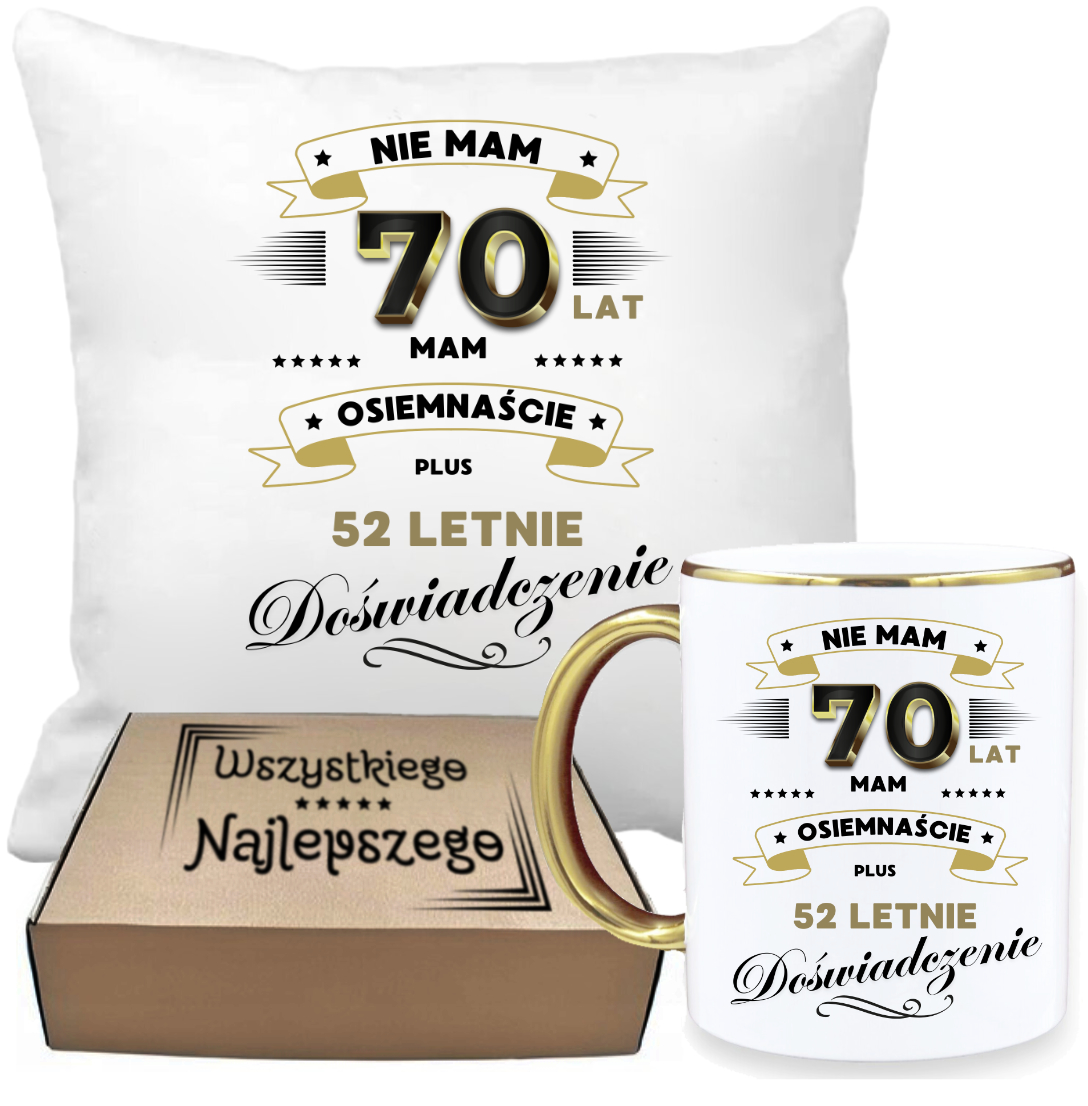 ZESTAW PODUSZKA I PIĘKNY KUBEK ORYGINALNY PREZENT 70 LAT NA URODZINY