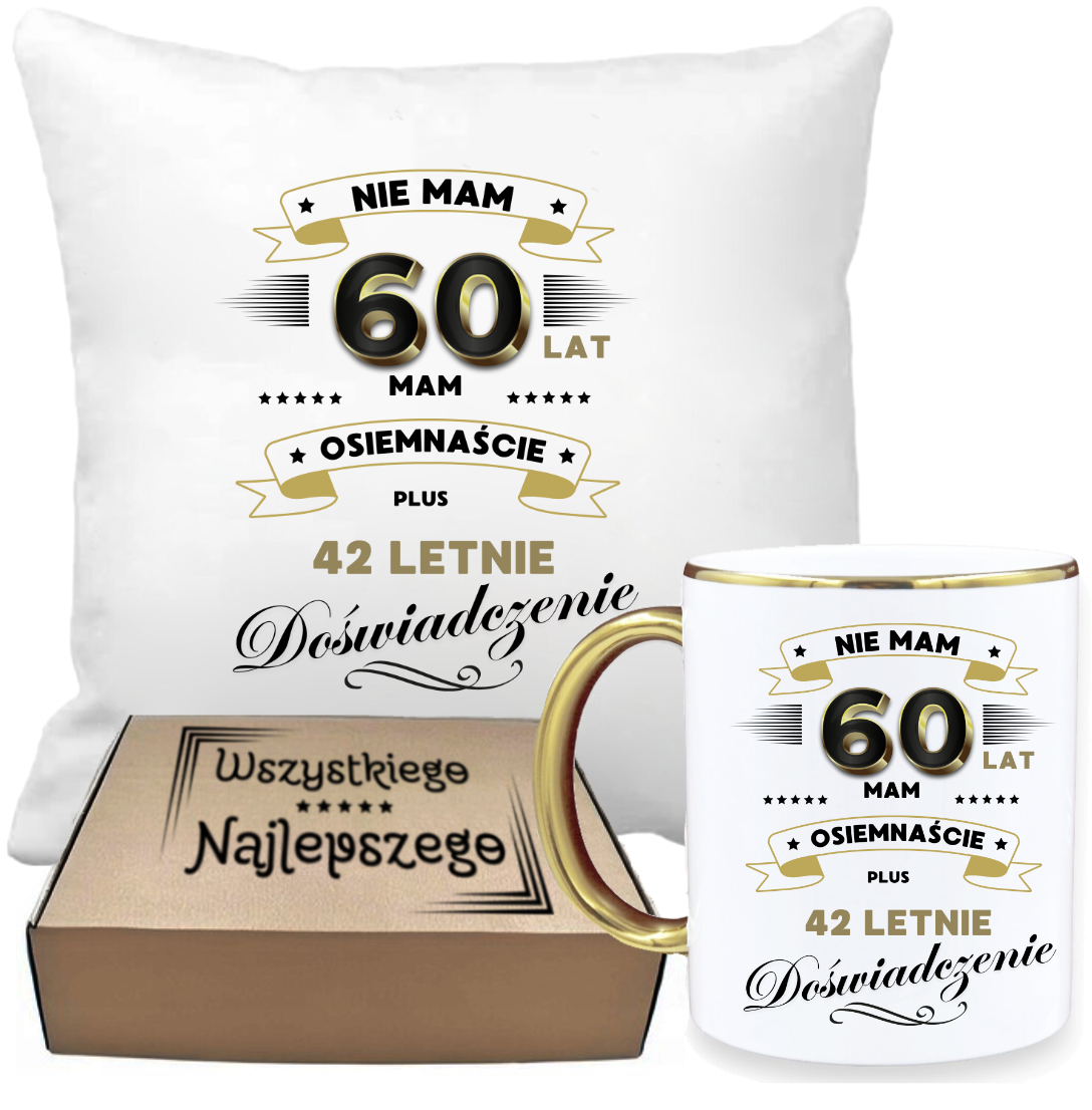 ZESTAW PODUSZKA I PIĘKNY KUBEK ORYGINALNY PREZENT 60 LAT NA URODZINY