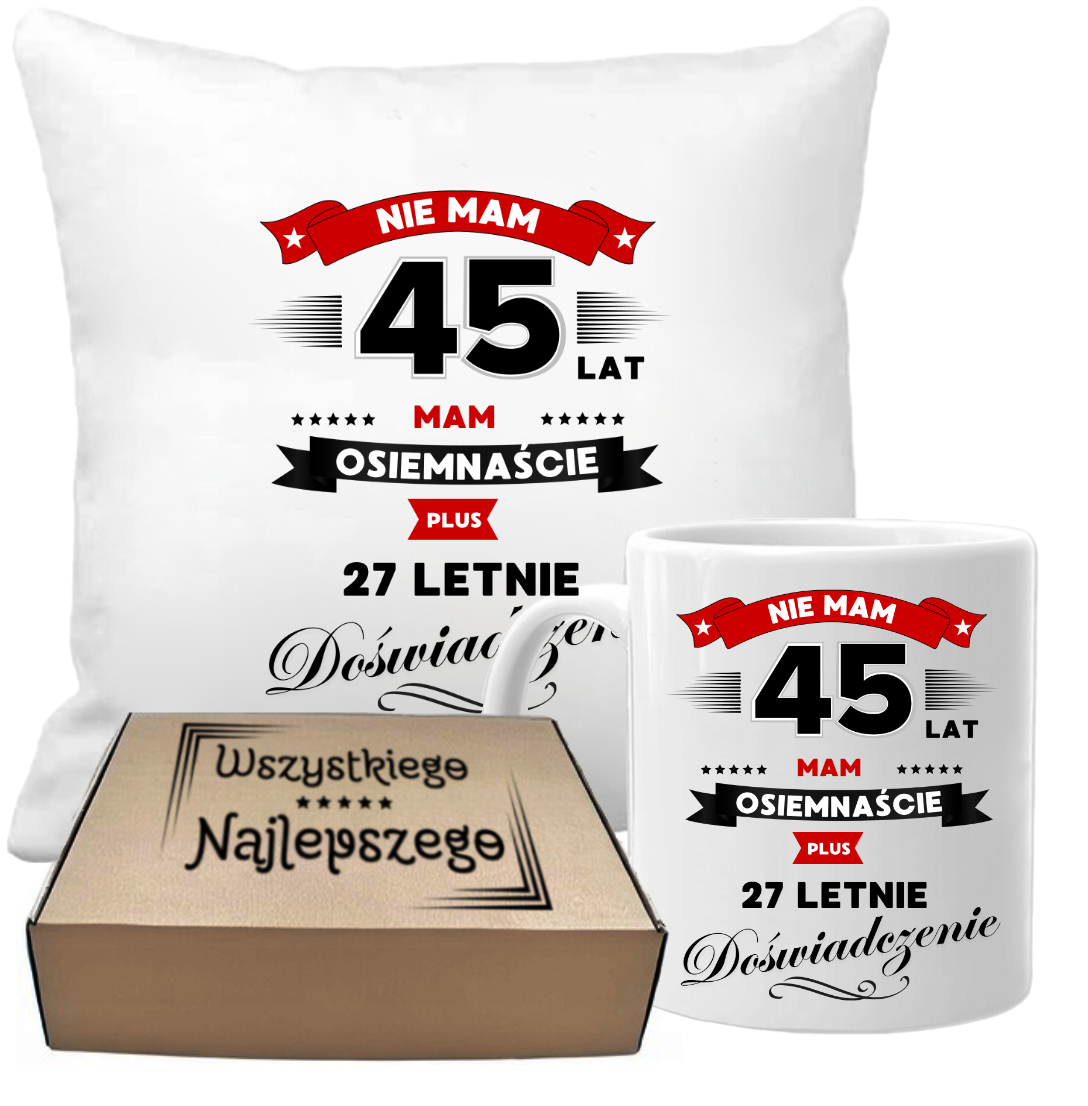 ZESTAW PODUSZKA I KUBEK ORYGINALNY PREZENT 45 LAT NA URODZINY