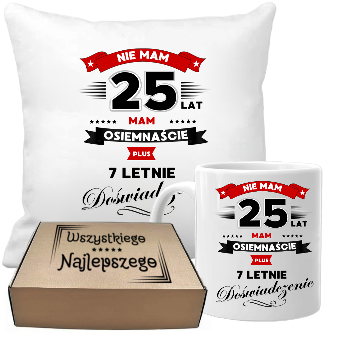 ZESTAW PODUSZKA I KUBEK ORYGINALNY PREZENT 25 LAT NA URODZINY