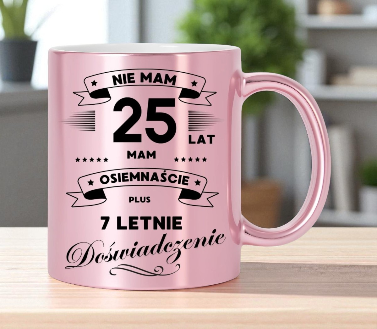 KUBEK RÓŻOWY METALIK PREMIUM PREZENT NA 25 URODZINY ORYGINALNY UPOMINEK