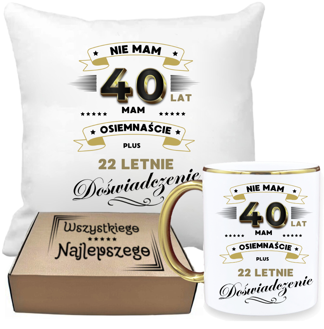 ZESTAW PODUSZKA I PIĘKNY KUBEK ORYGINALNY PREZENT 40 LAT NA URODZINY