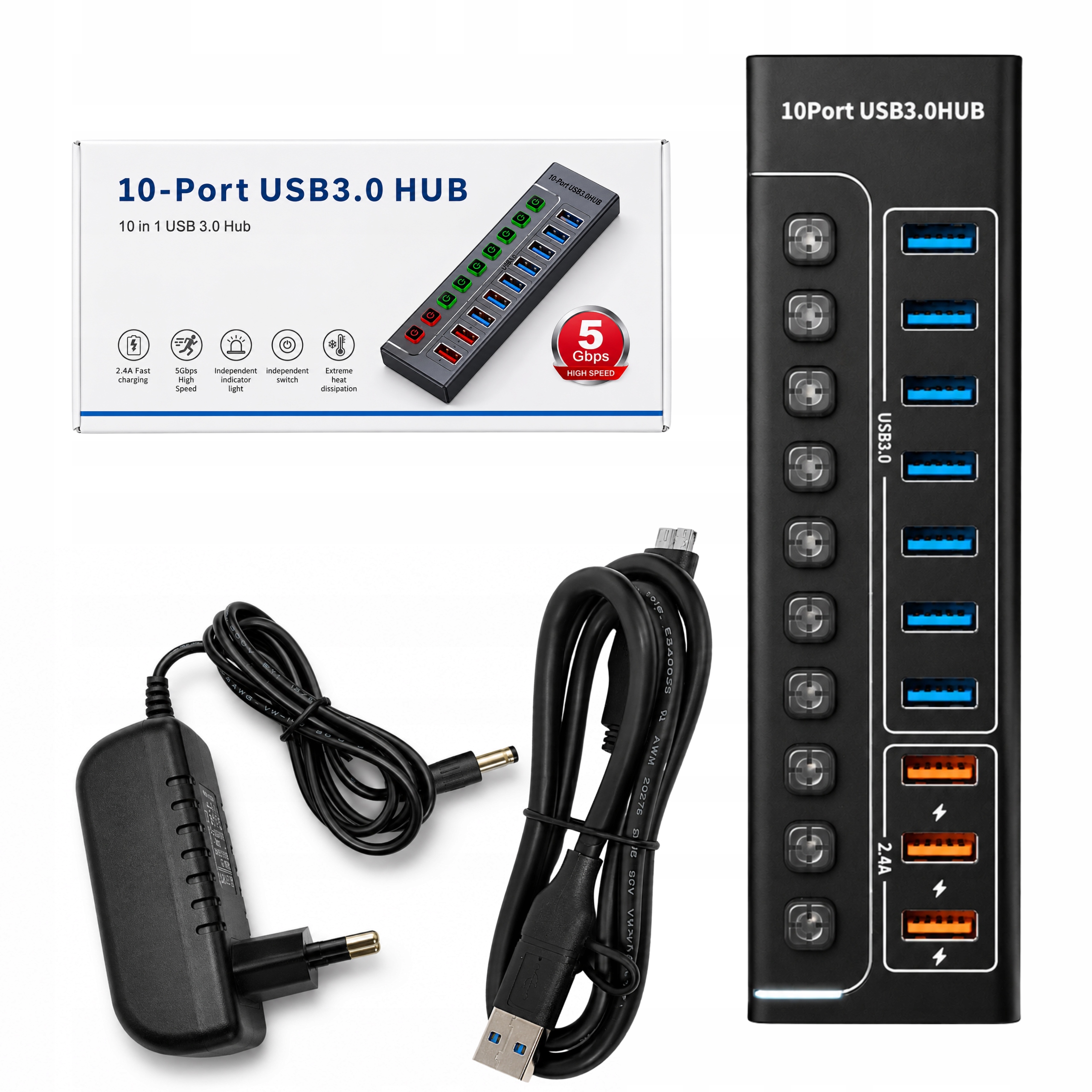 Zdjecie produktu: HUB USB 3.0 10 PORTÓW Z ZASILACZEM 5Gb/s PRZEŁĄCZNIKI LED 2.4A