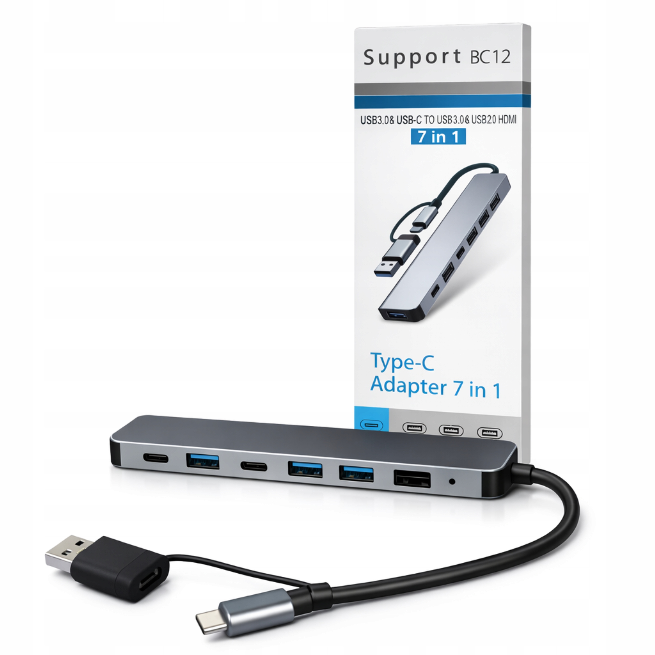 Zdjecie produktu: Adapter HUB USB-A/C 7w1 HUB USB 3.0/USB 2.0 srebrny HQ