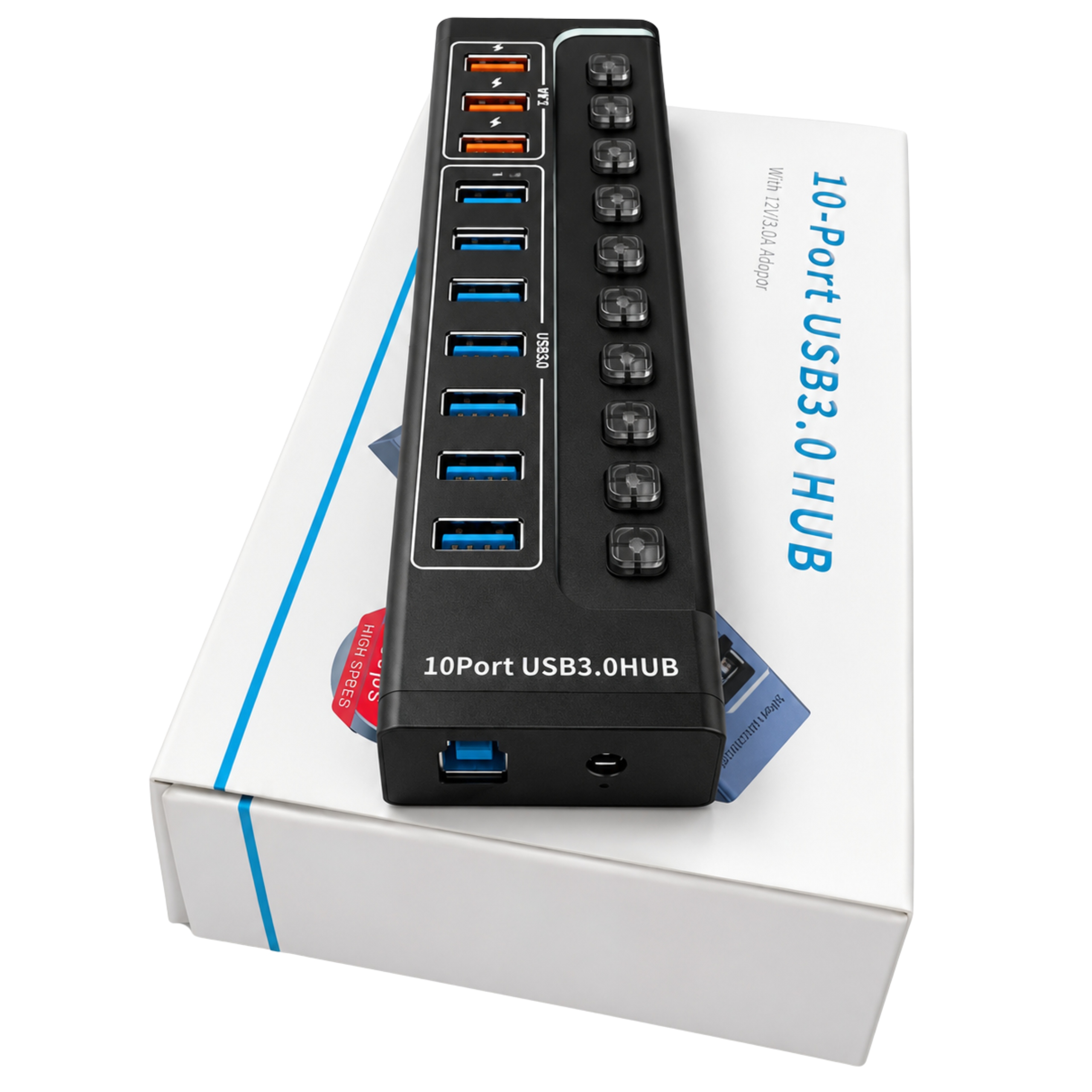 Zdjecie produktu: HUB USB 3.0 10 PORTÓW Z ZASILACZEM 5Gb/s PRZEŁĄCZNIKI LED 2.4A