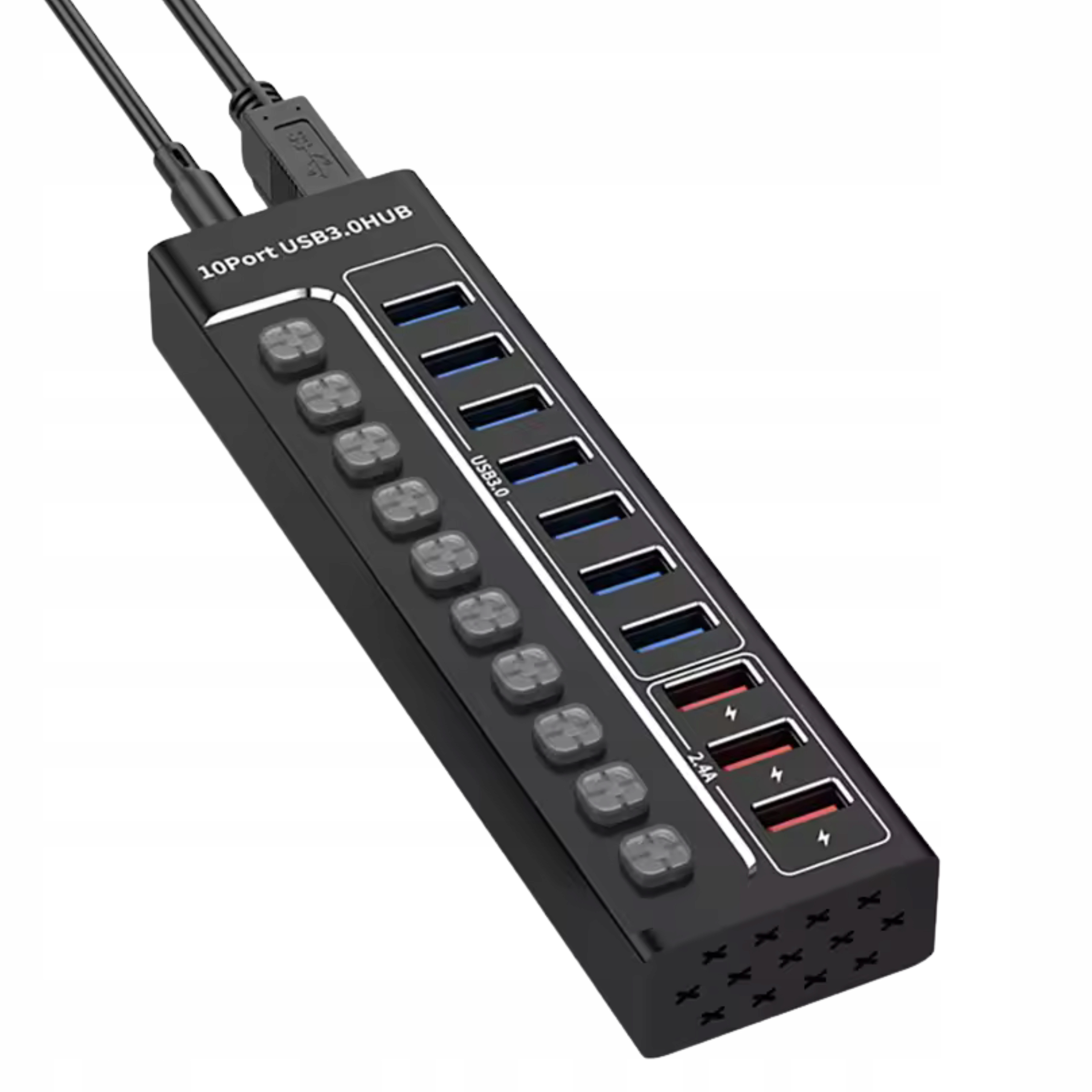 Zdjecie produktu: HUB USB 3.0 10 PORTÓW Z ZASILACZEM 5Gb/s PRZEŁĄCZNIKI LED 2.4A