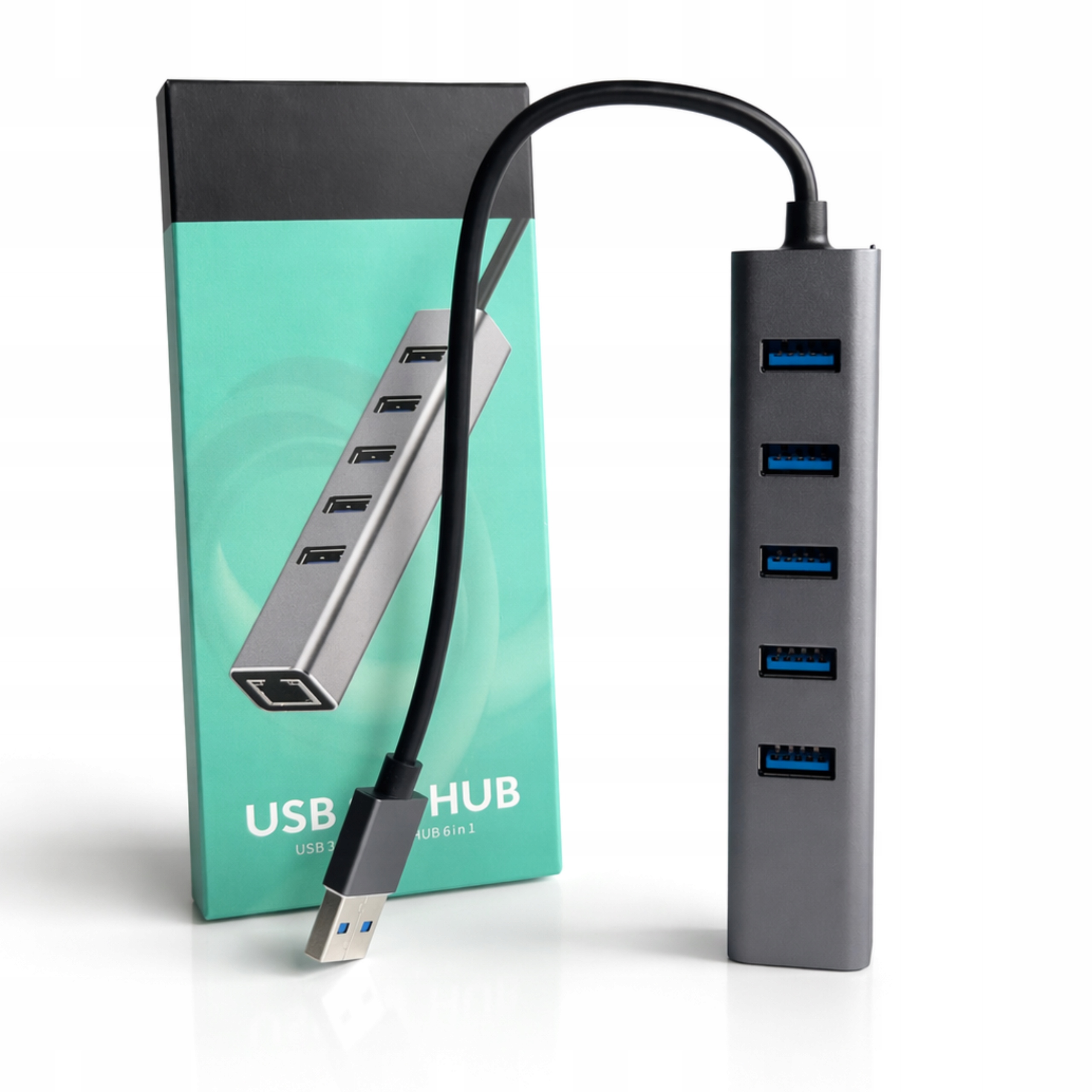 Zdjecie produktu: Adapter HUB USB 3.0 6w1 5x USB-A + RJ45 SREBRNY HQ
