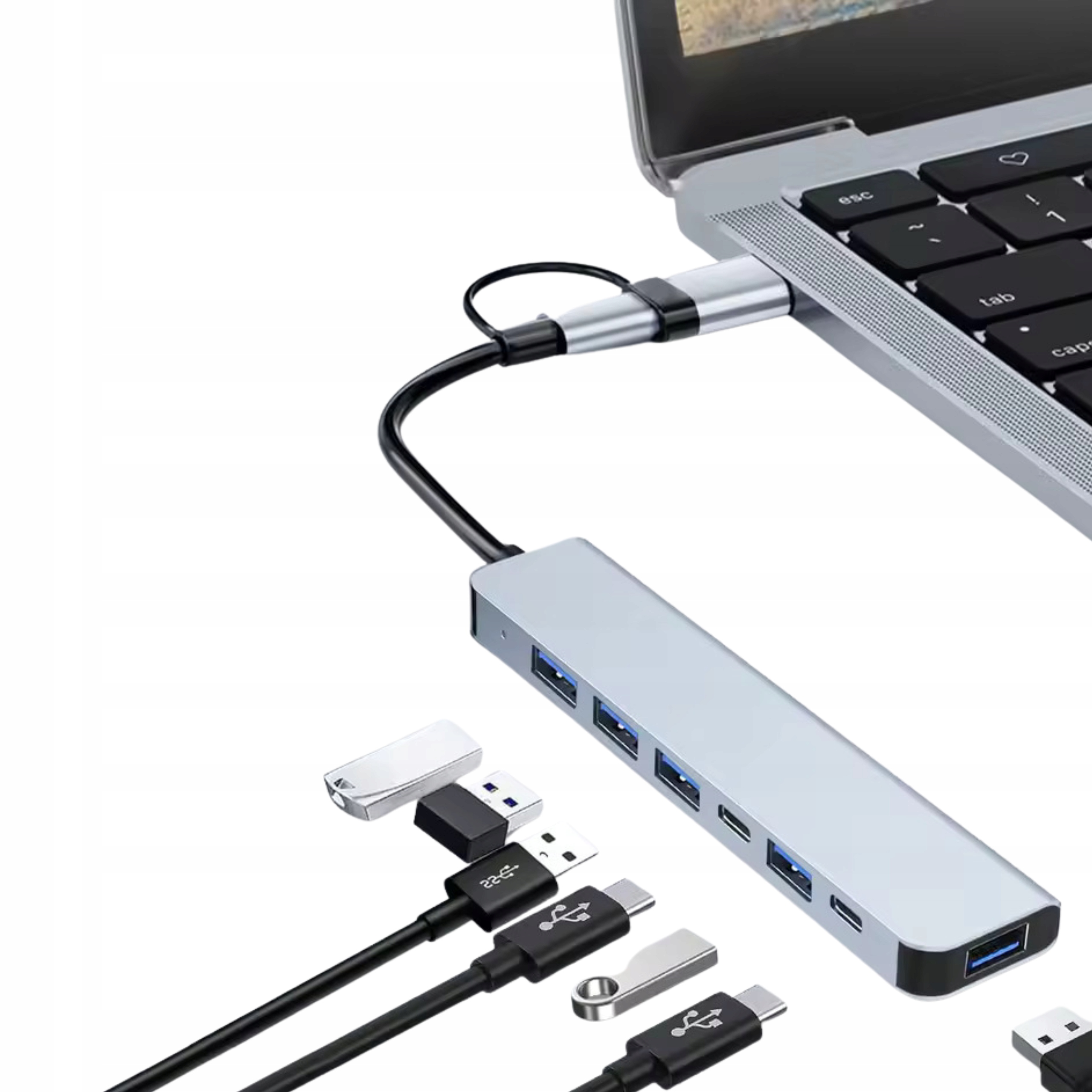 Zdjecie produktu: Adapter HUB USB-A/C 7w1 HUB USB 3.0/USB 2.0 srebrny HQ