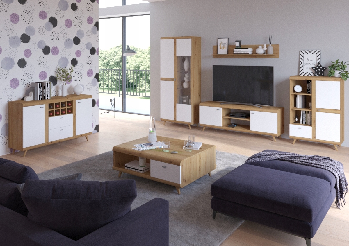 Witryna 2D BERGEN Biały Połysk + Dąb Artisan