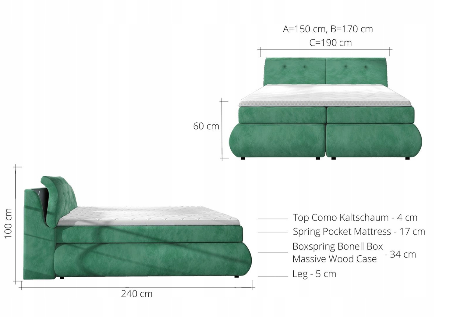 ŁÓŻKO KONTYNENTALNE BOXSPRING CARMEN BASIC 160x200