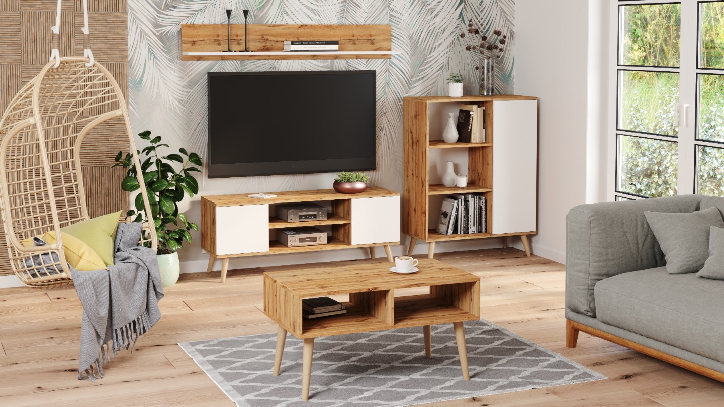 Szafka RTV 135 cm skandynawska dąb craft złoty-biel