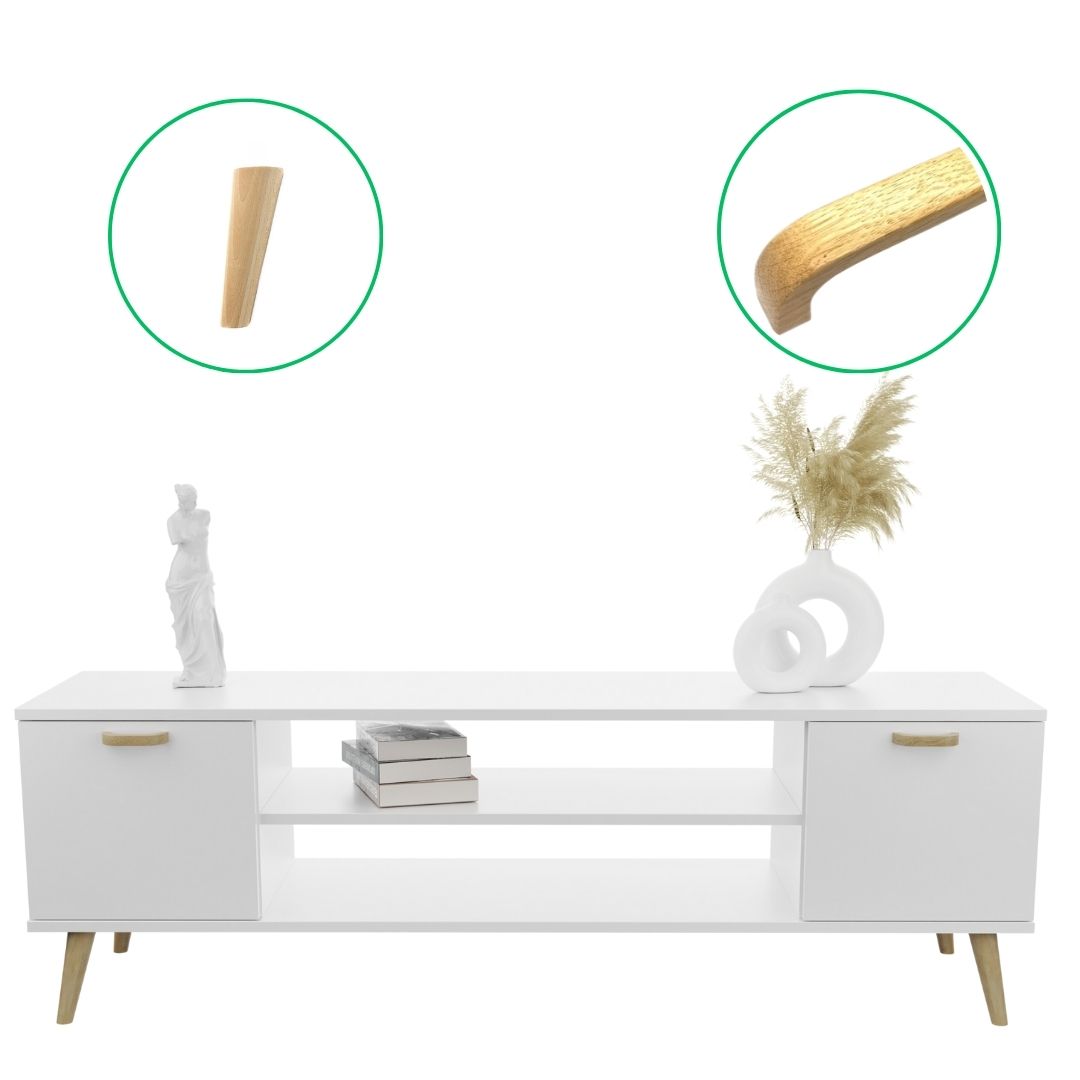 Szafka RTV 155 cm skandynawska biała nogi i uchwyt drewniane