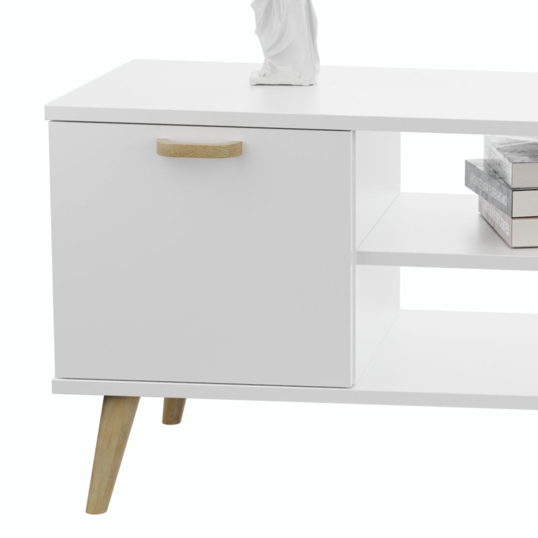 Szafka RTV 135 cm skandynawska biała nogi drewniane