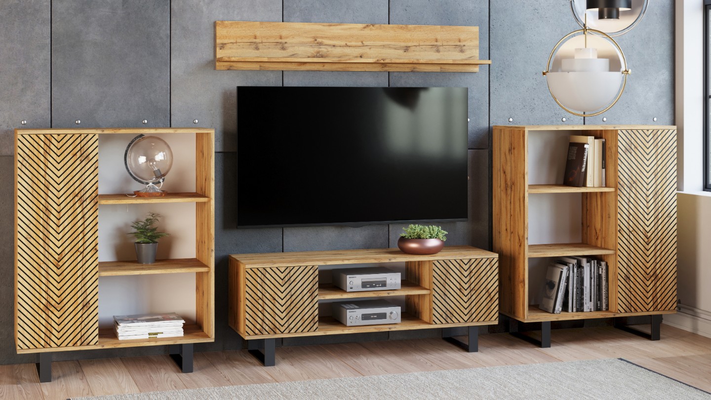 Szafka RTV 135 cm loft dąb craft złoty - jodełka