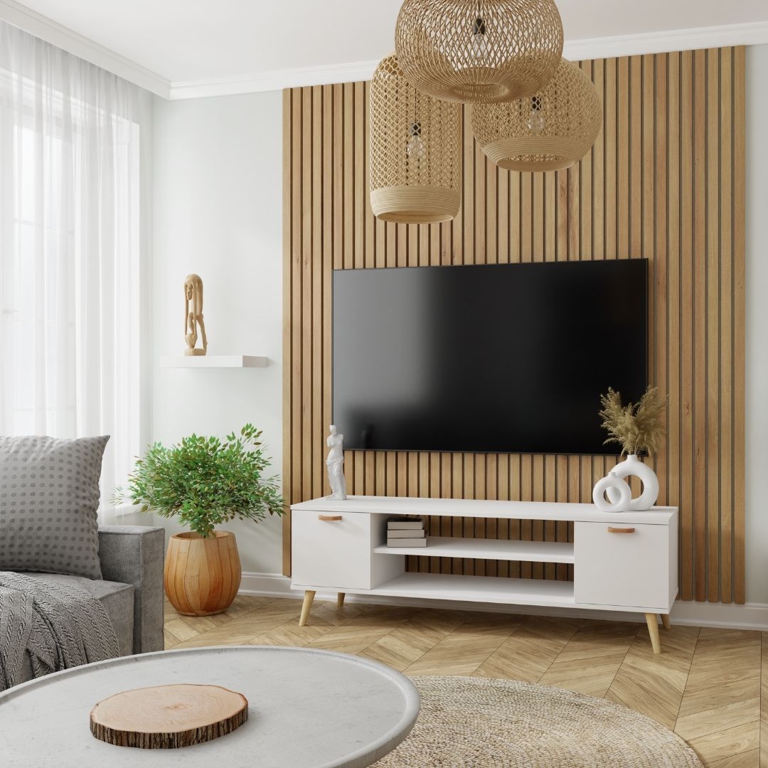 Szafka RTV 155 cm skandynawska biała nogi i uchwyt drewniane