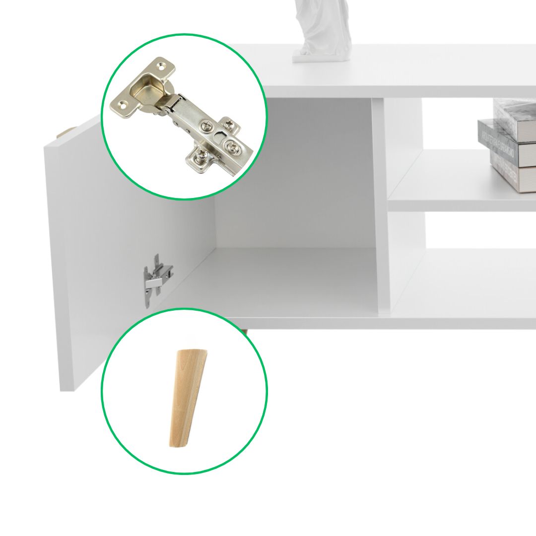 Szafka RTV 155 cm skandynawska biała nogi i uchwyt drewniane