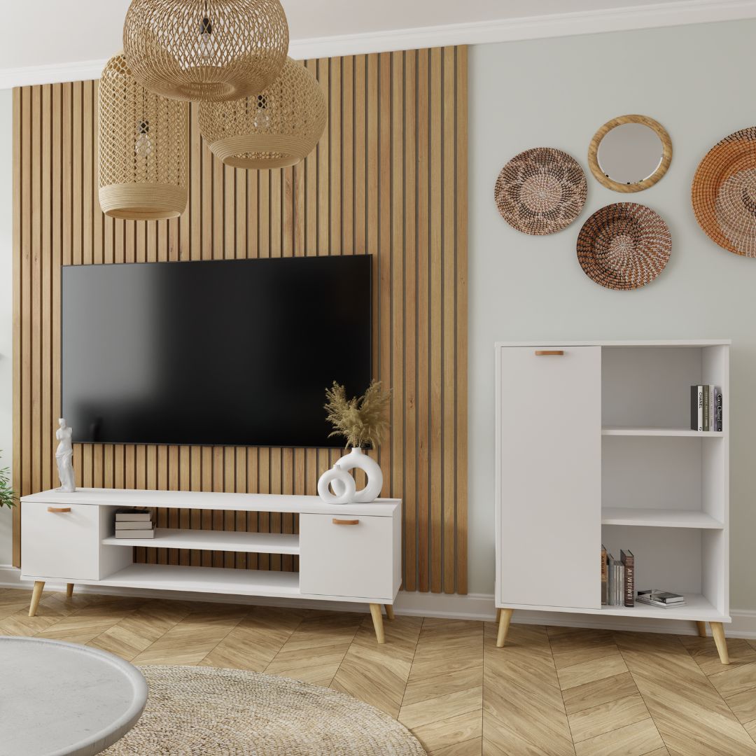 Szafka RTV 135 cm skandynawska biała nogi drewniane