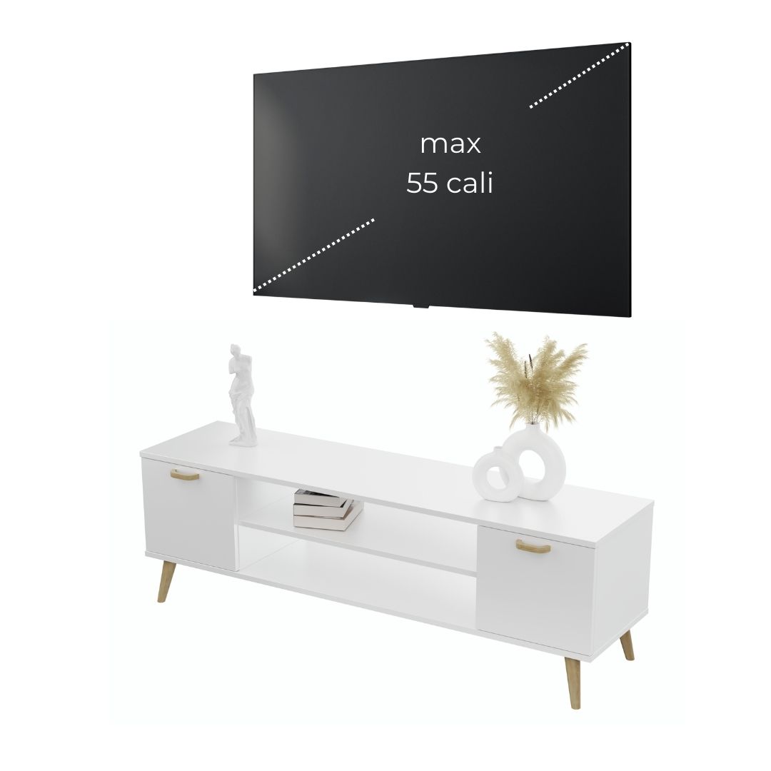 Szafka RTV 155 cm skandynawska biała nogi i uchwyt drewniane