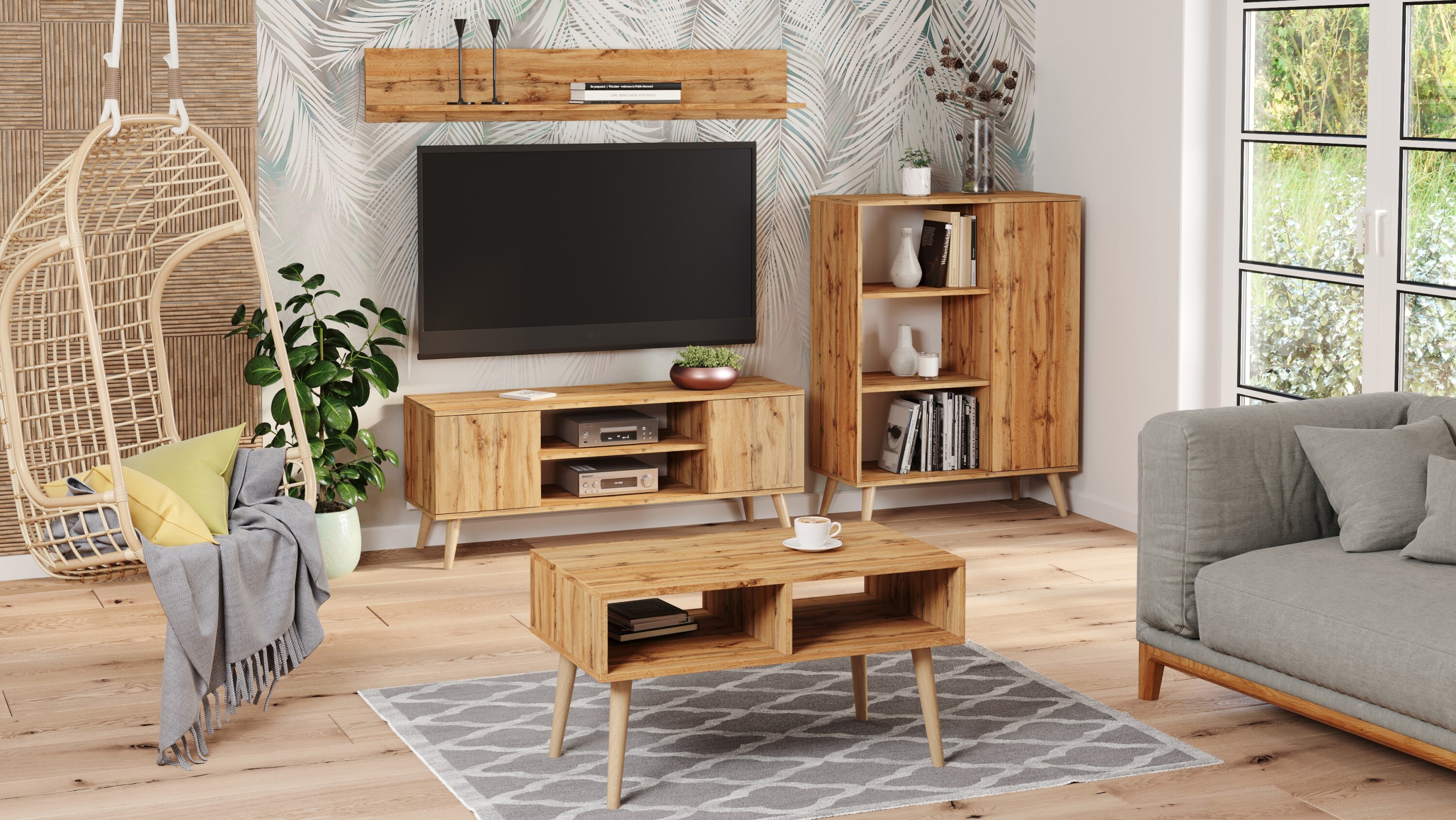 Szafka RTV 135 cm skandynawska dąb craft złoty