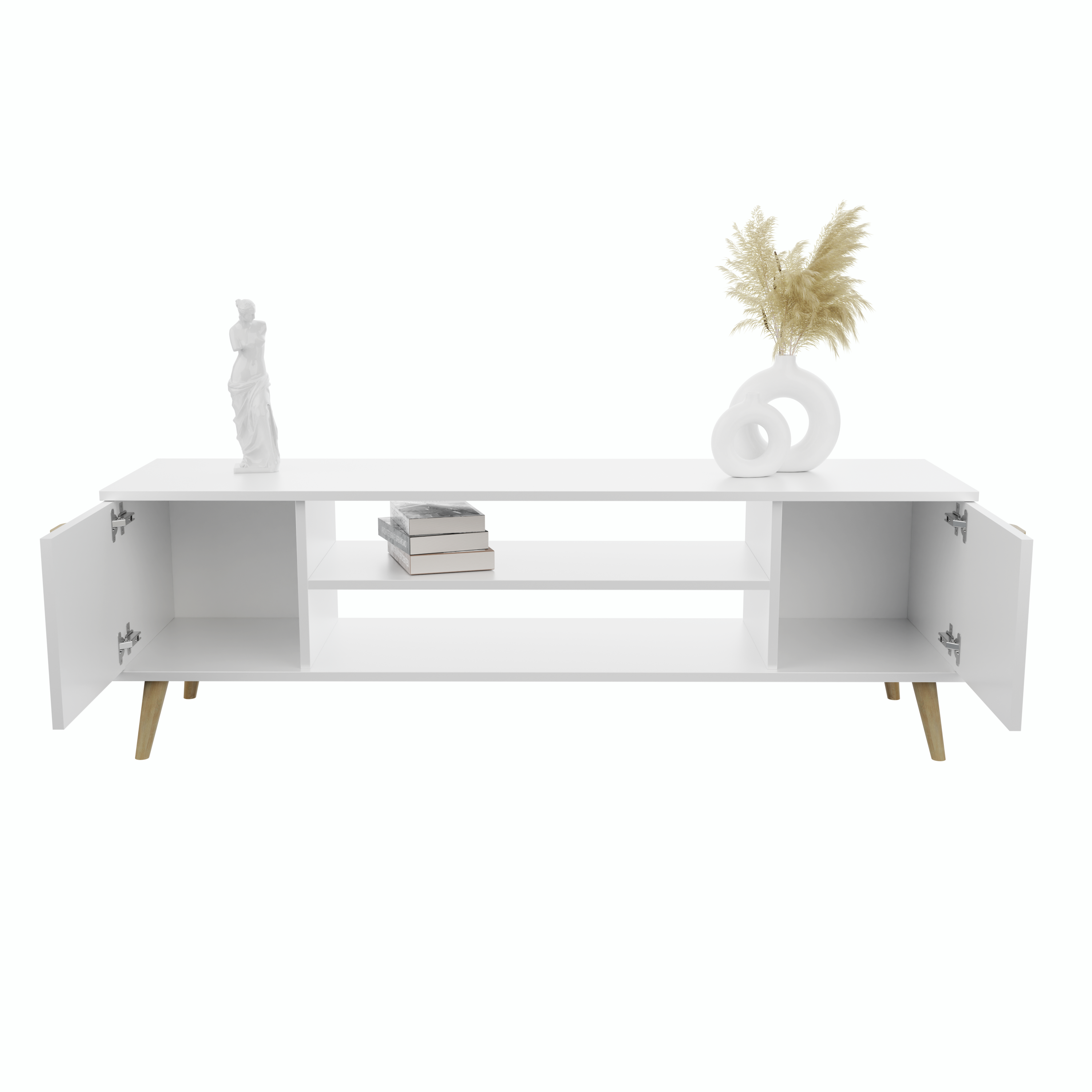 Szafka RTV 155 cm skandynawska biała nogi i uchwyt drewniane