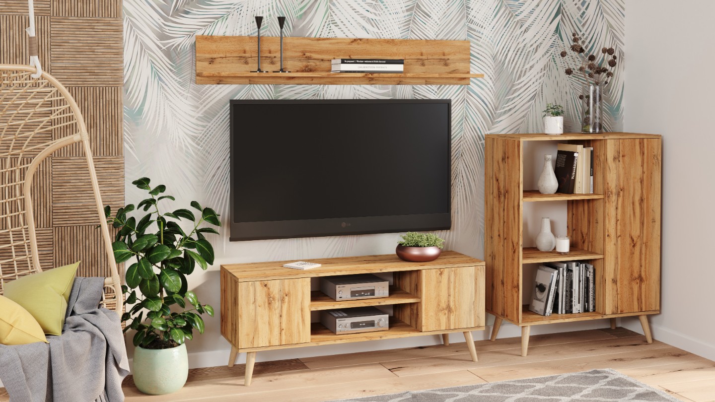 Szafka RTV 155 cm skandynawska dąb craft złoty