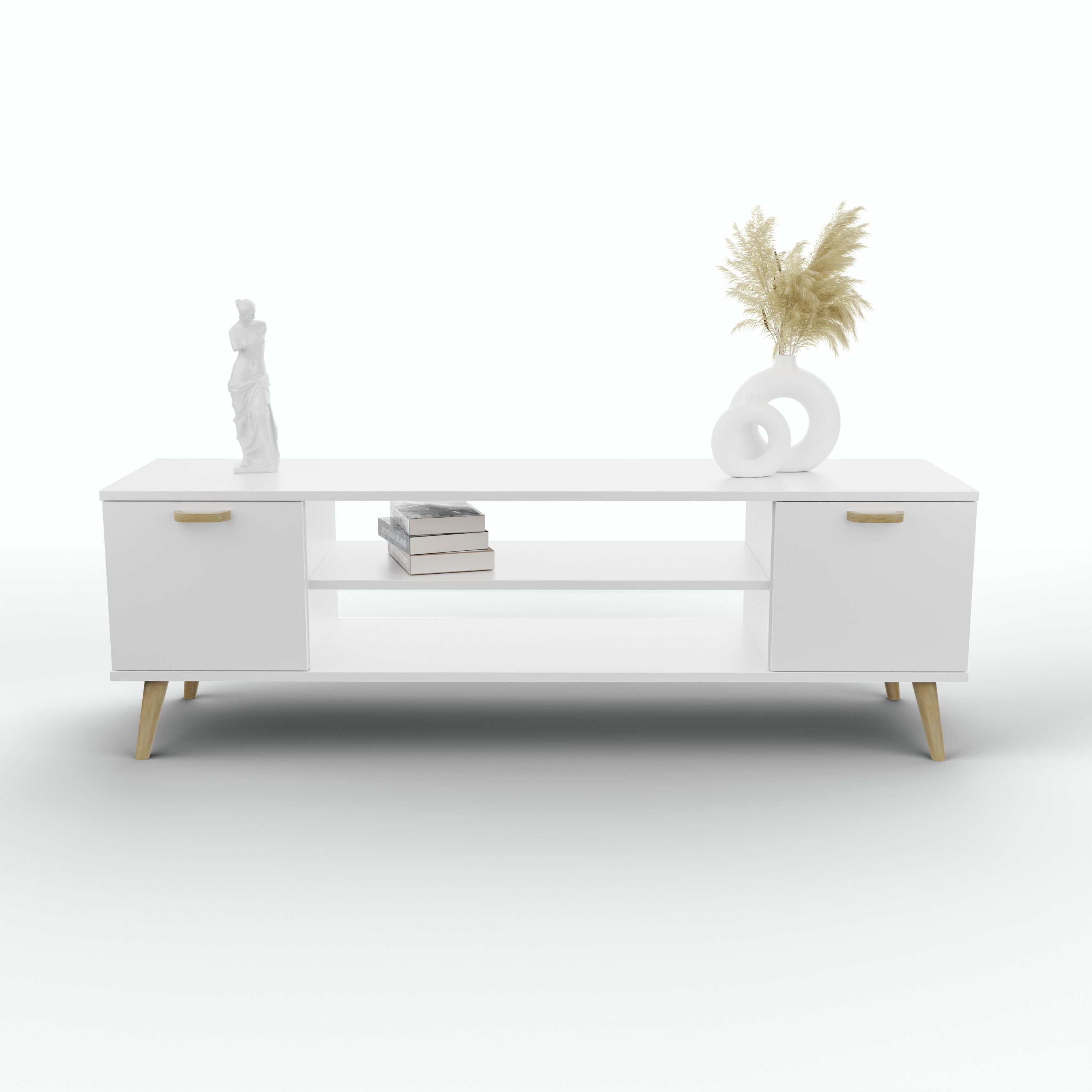 Szafka RTV 155 cm skandynawska biała nogi i uchwyt drewniane