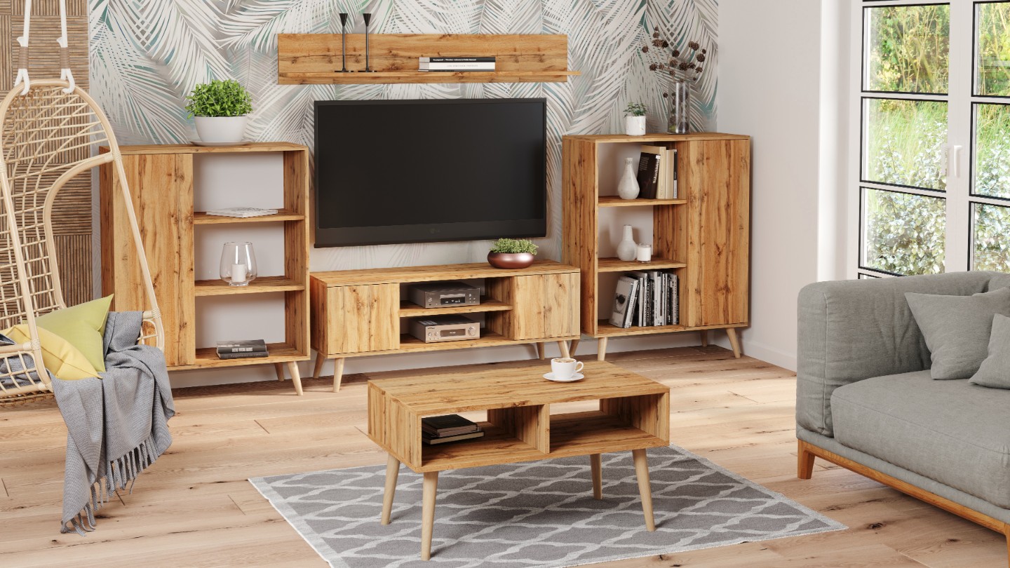 Szafka RTV 155 cm skandynawska dąb craft złoty