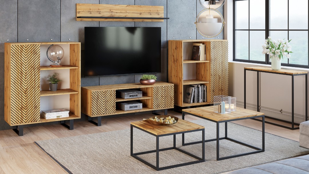 Szafka RTV 135 cm loft dąb craft złoty - jodełka