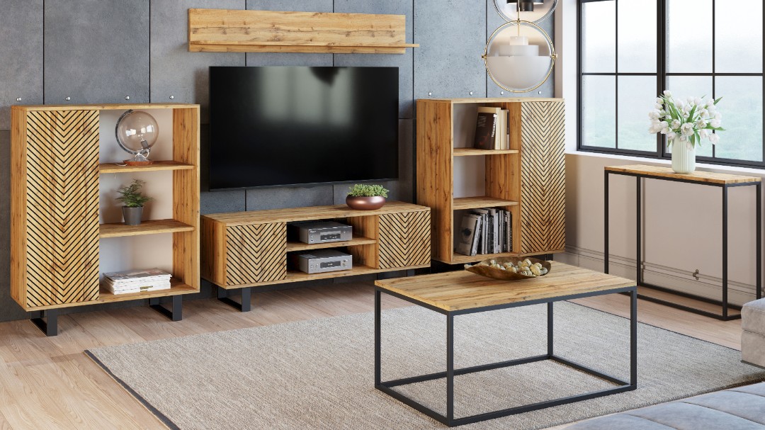 Szafka RTV 135 cm loft dąb craft złoty - jodełka