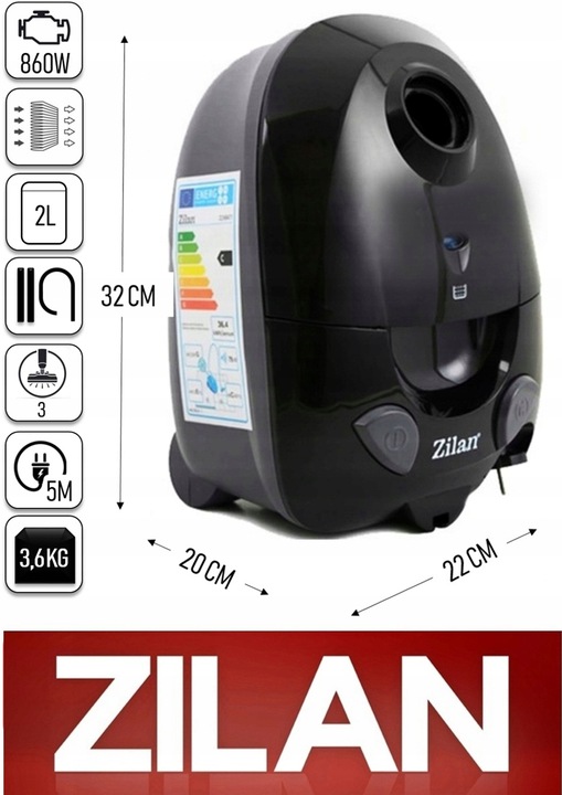 ODKURZACZ ZILAN WORKOWY ZILAN MEGA MOC 2L 860W AKCESORIA XXL